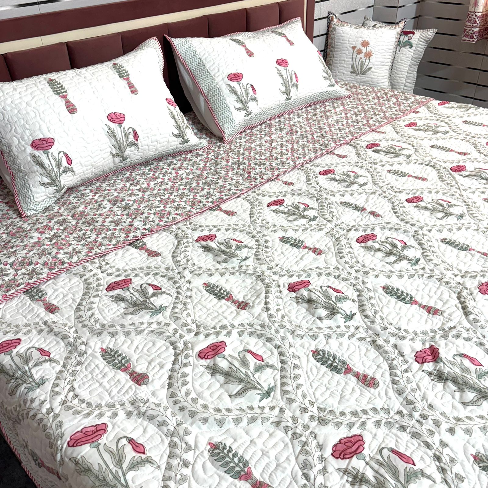 Quilted Bedcover Set (Light Beige Base)