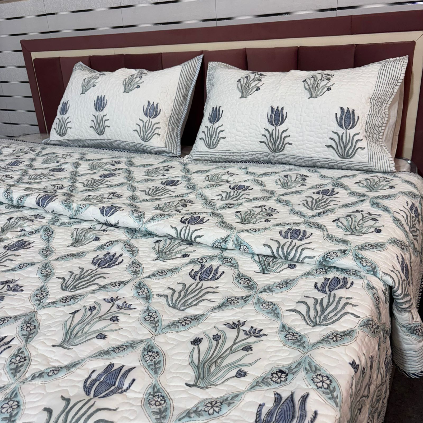 Handblock Printed Reversible Quilted Cotton Bedcover Set