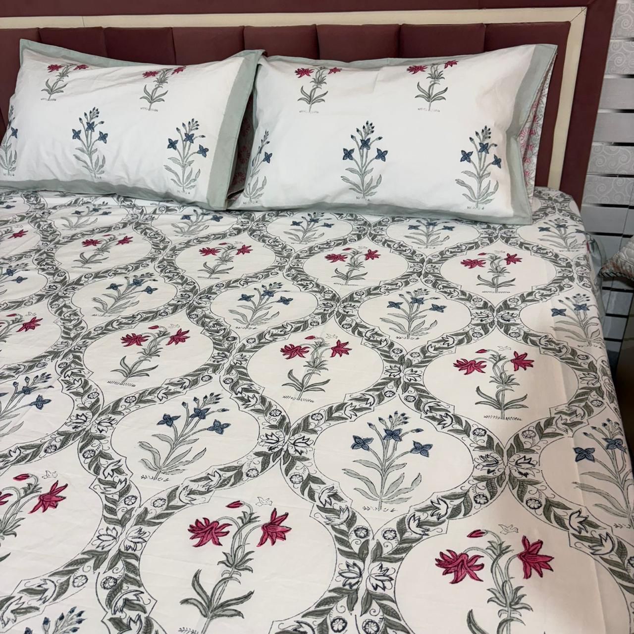 Handblock Printed Cotton Bedsheet Set with 2 Pillow Covers