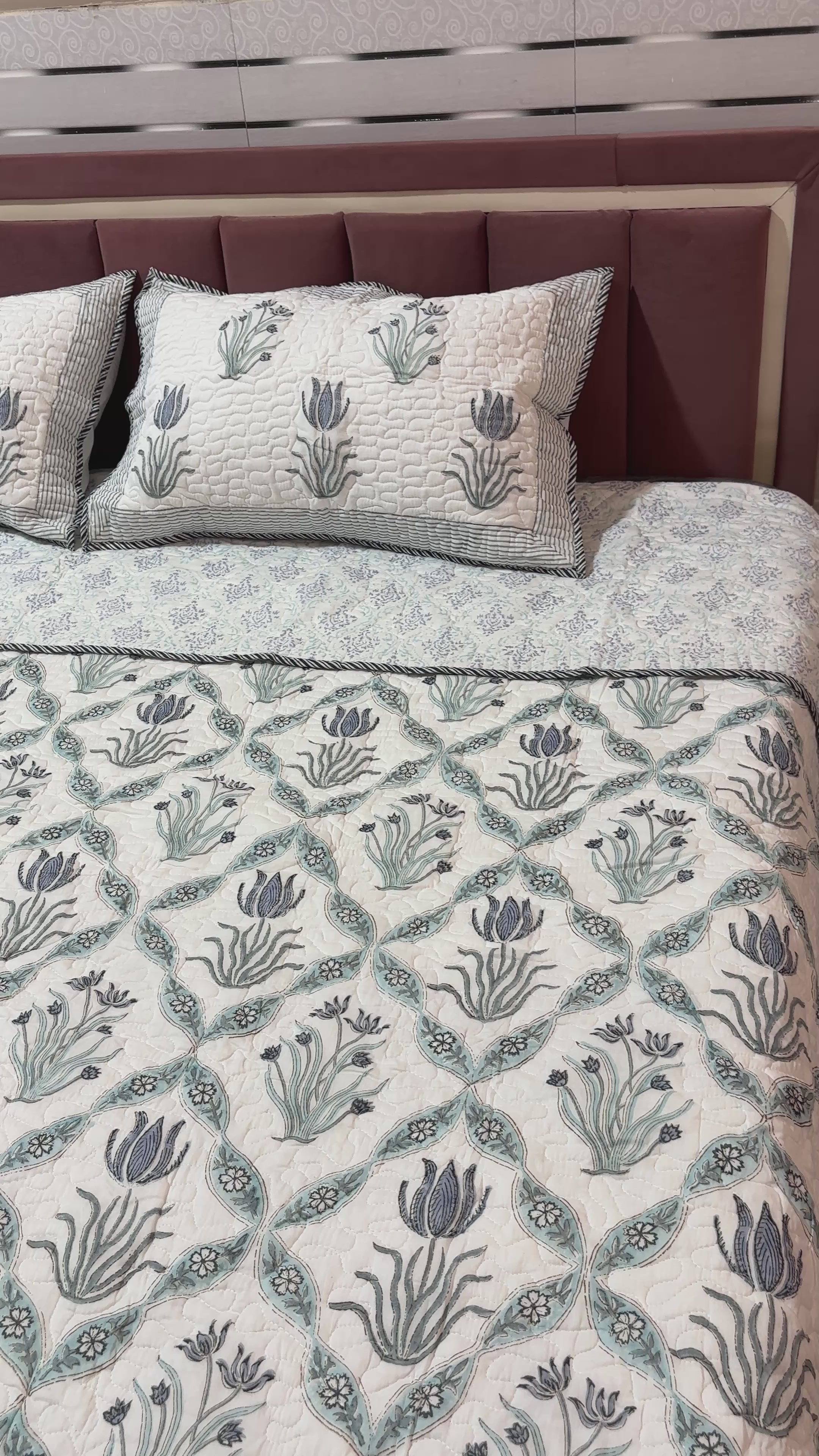 Blue palm Jaal Handblock Quilterd. Bedcover