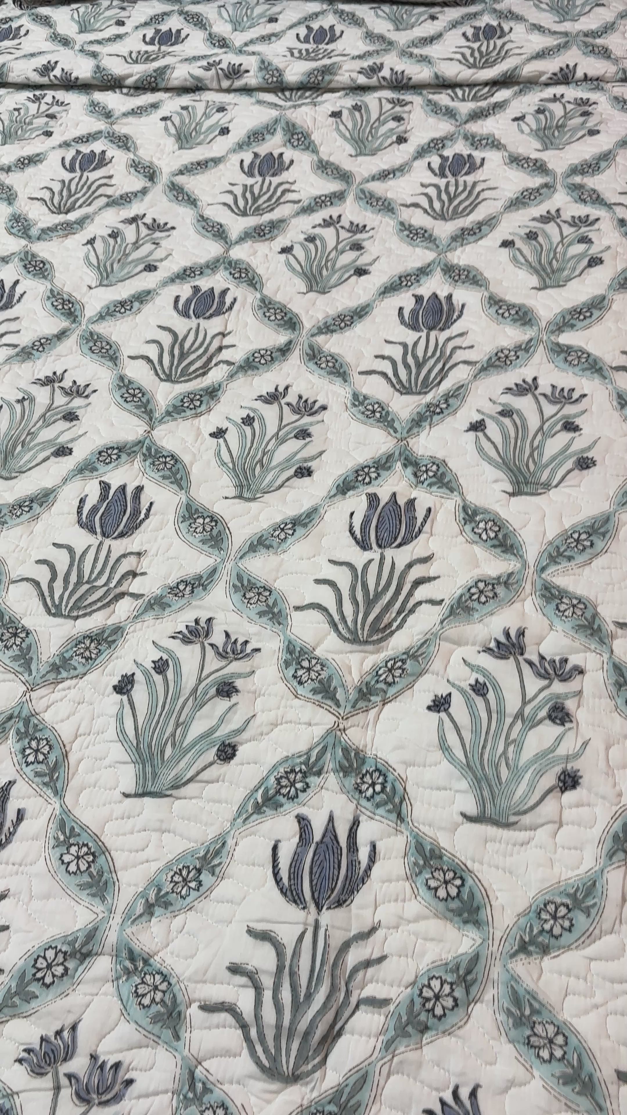 Blue palm Jaal Handblock Quilterd. Bedcover