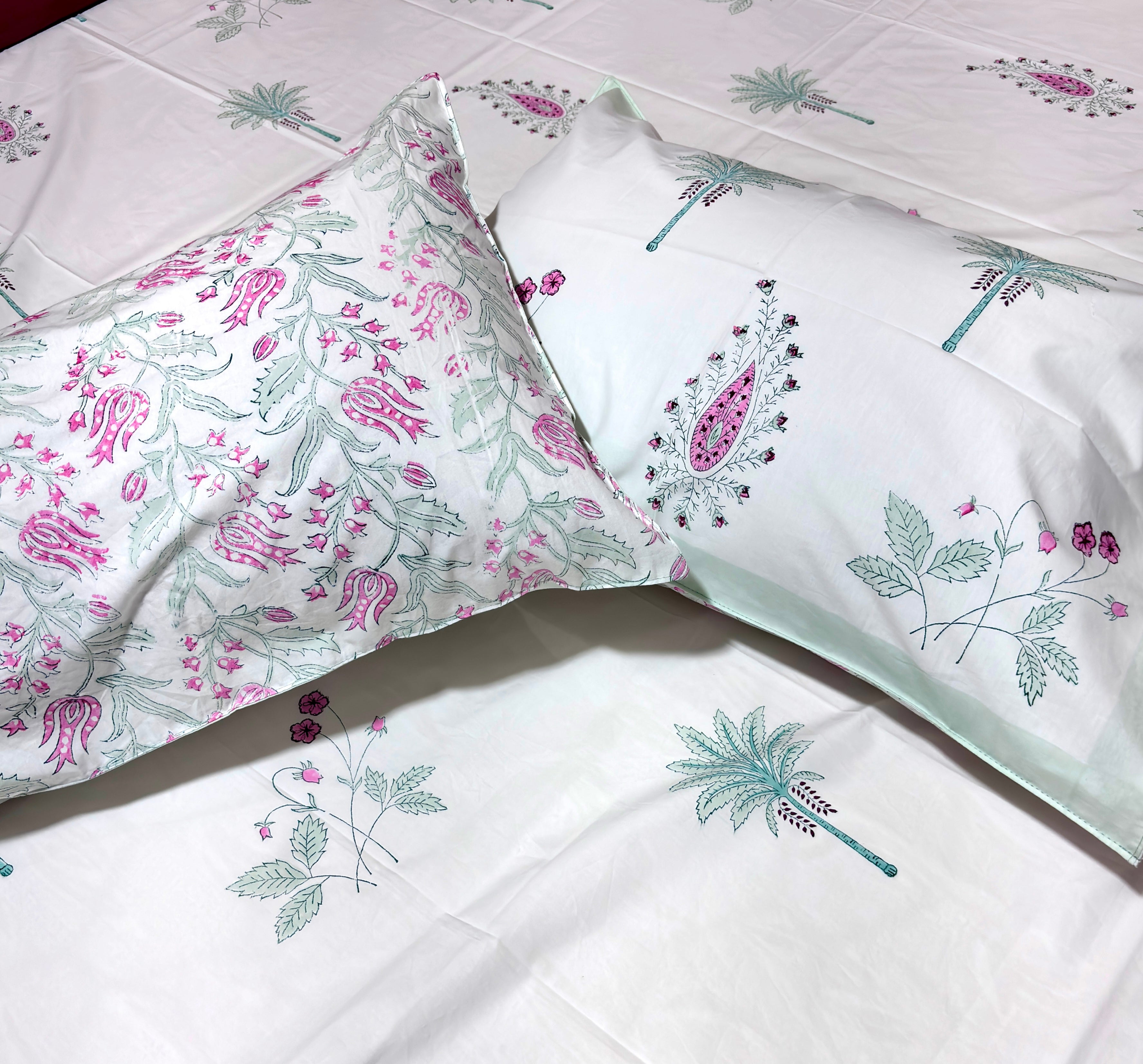 Hand Block Printed Cotton Bedsheet | Palm Tree & Paisley Print Bedsheet with Pillow Covers | Handmade Jaipur Double Bedsheet