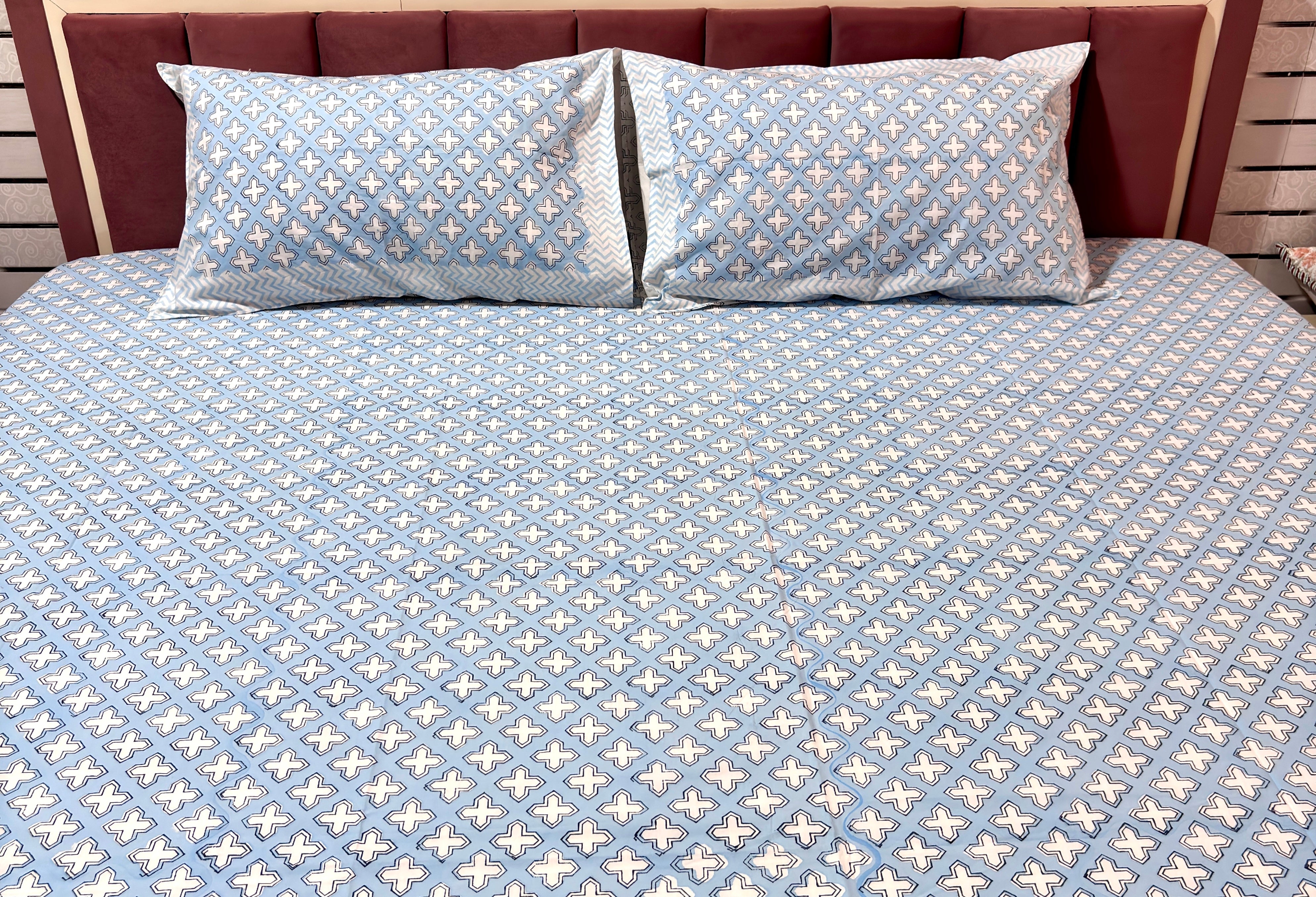 Premium Blue Cotton King Size Bedsheet with Pillow Covers