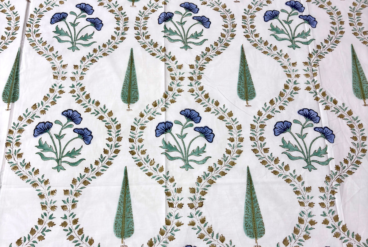 White Blue Floral Cotton Bedsheet | Green Leaf Printed Double Bed Sheet | Elegant Indian Floral Bedding |  King Size