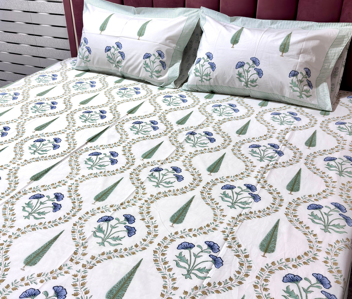 White Blue Floral Cotton Bedsheet | Green Leaf Printed Double Bed Sheet | Elegant Indian Floral Bedding |  King Size