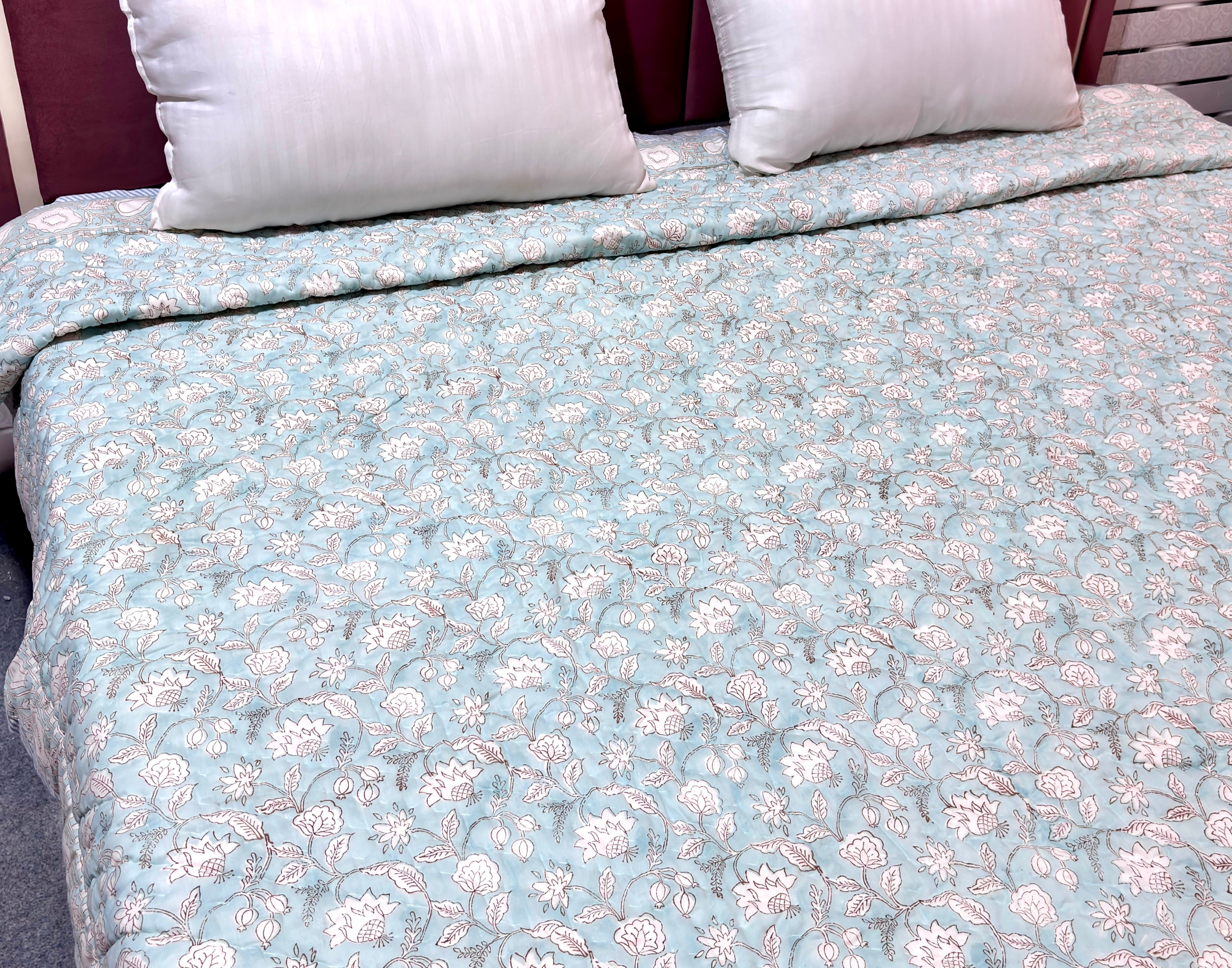Floral Blue Cotton Quilt | Reversible Pink Flower Quilt | Hand Block Printed Indian Cotton Bedspread | Handmade Bedding