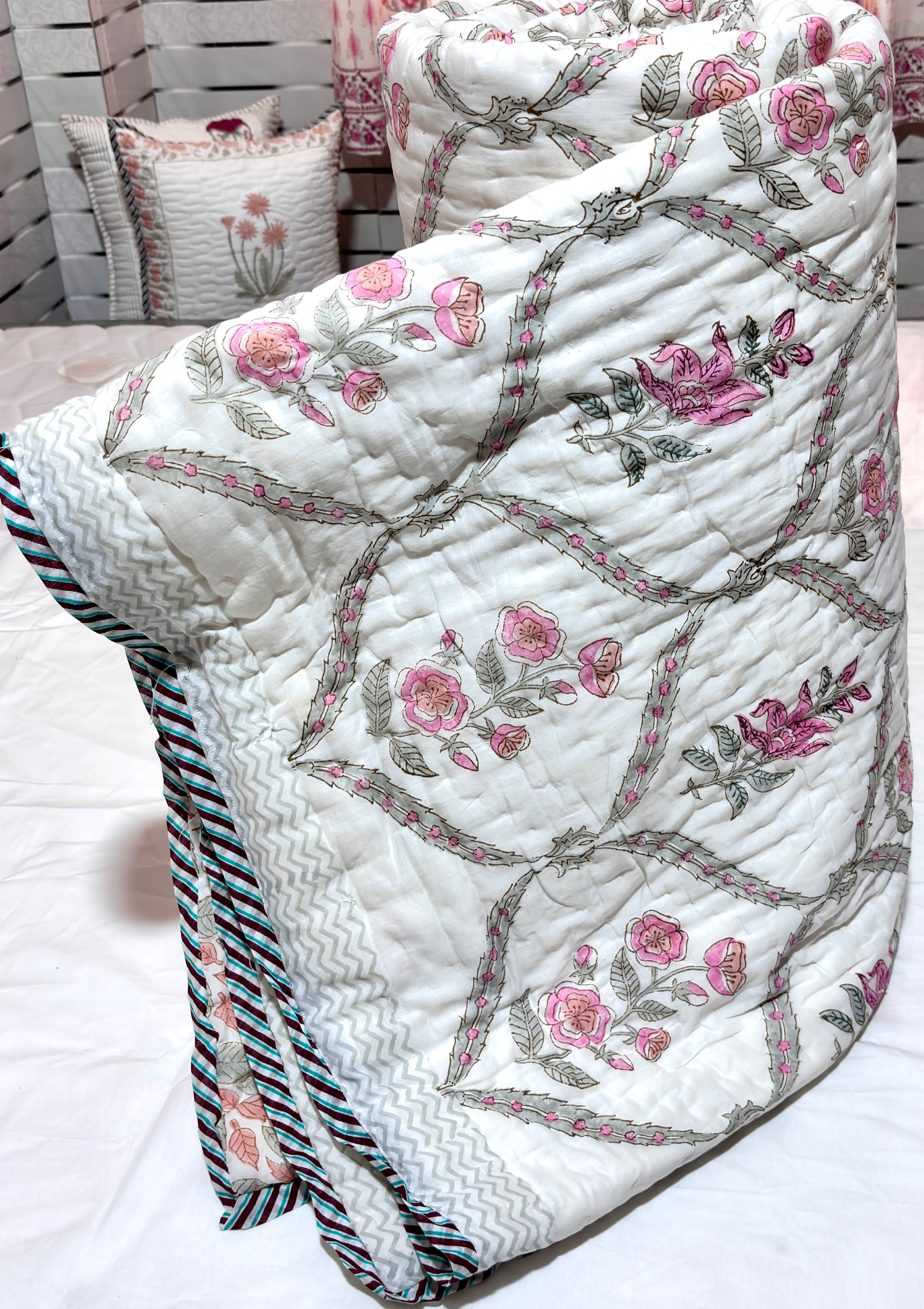 Floral Cotton Quilt | Pink Rose & Leaf Printed Bed Quilt | Traditional Indian Cotton Bedspread | Handmade Bedding