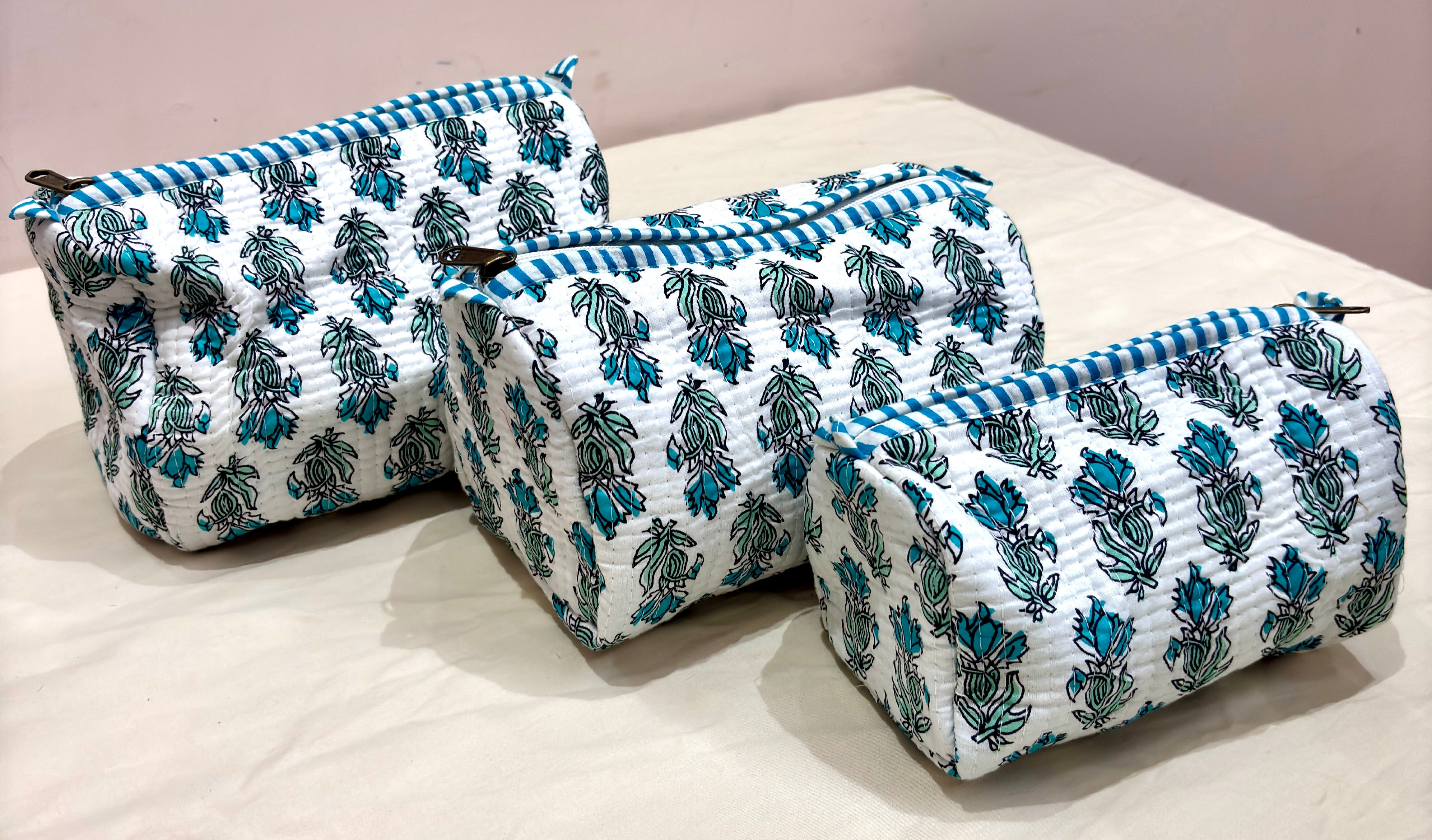 # Light Green Blue Floral Print Tote Bag | Cotton Hand Block Printed Reusable Shopping Bag | Handmade Fabric Tote