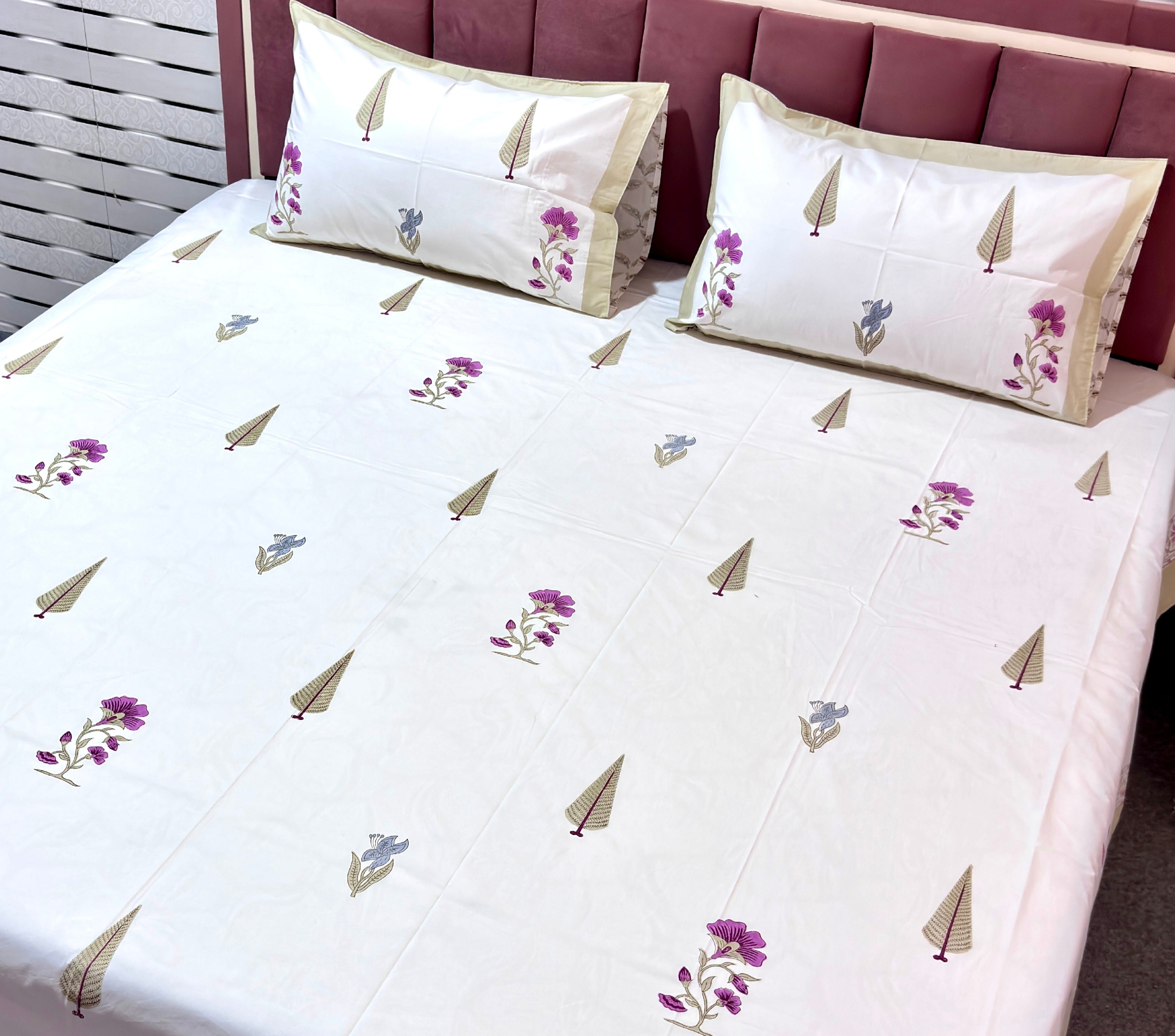White Floral Cotton Bedsheet | Purple & Blue Flower Printed Bed Sheet | Elegant Indian Floral Bedding