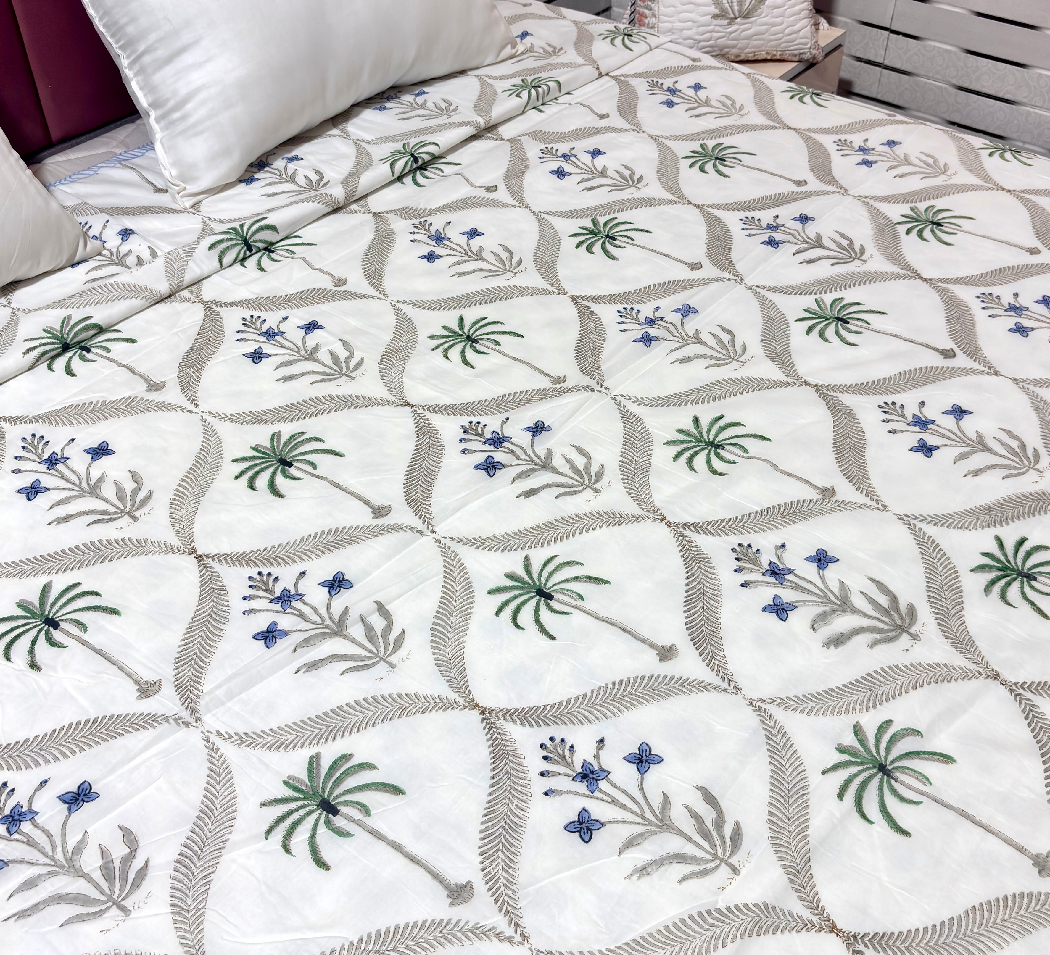 White Blue Floral Cotton Dohar | Hand Block Printed Jaipuri Dohar | Soft Lightweight Summer AC Blanket | Handmade Cotton Bedding