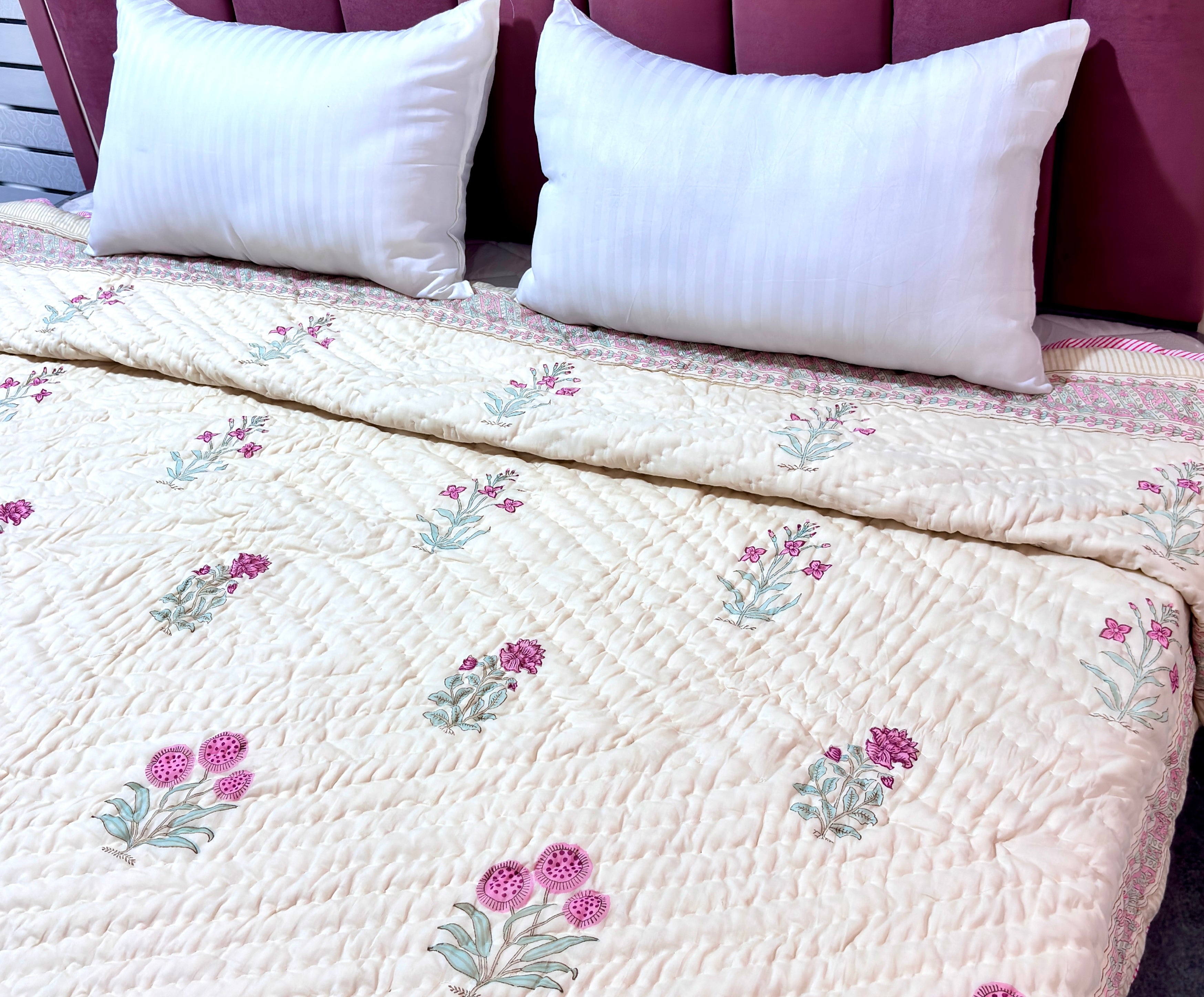 Cream Pink Floral Cotton Quilt Queen Size | Printed Botanical Quilted Bedspread with Decorative Border | Soft Indian Cotton Bed Cover