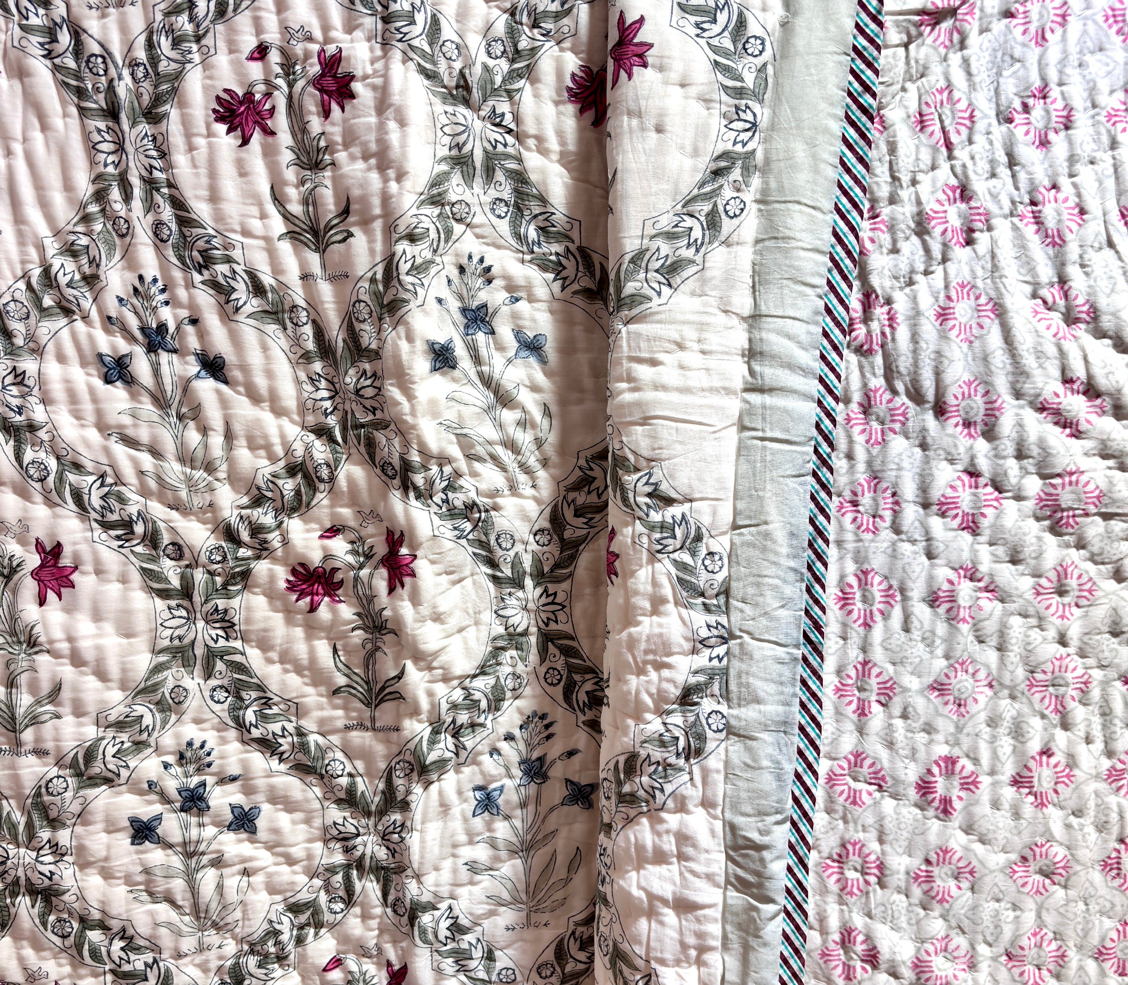 Floral Printed Cotton Quilt | Pink & Blue Floral Bed Quilt | Handmade Indian Cotton Quilt | Reversible Bedding