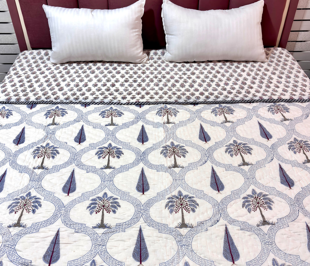 White Blue Floral Cotton Quilt | Printed Reversible Bedspread | Queen Size
