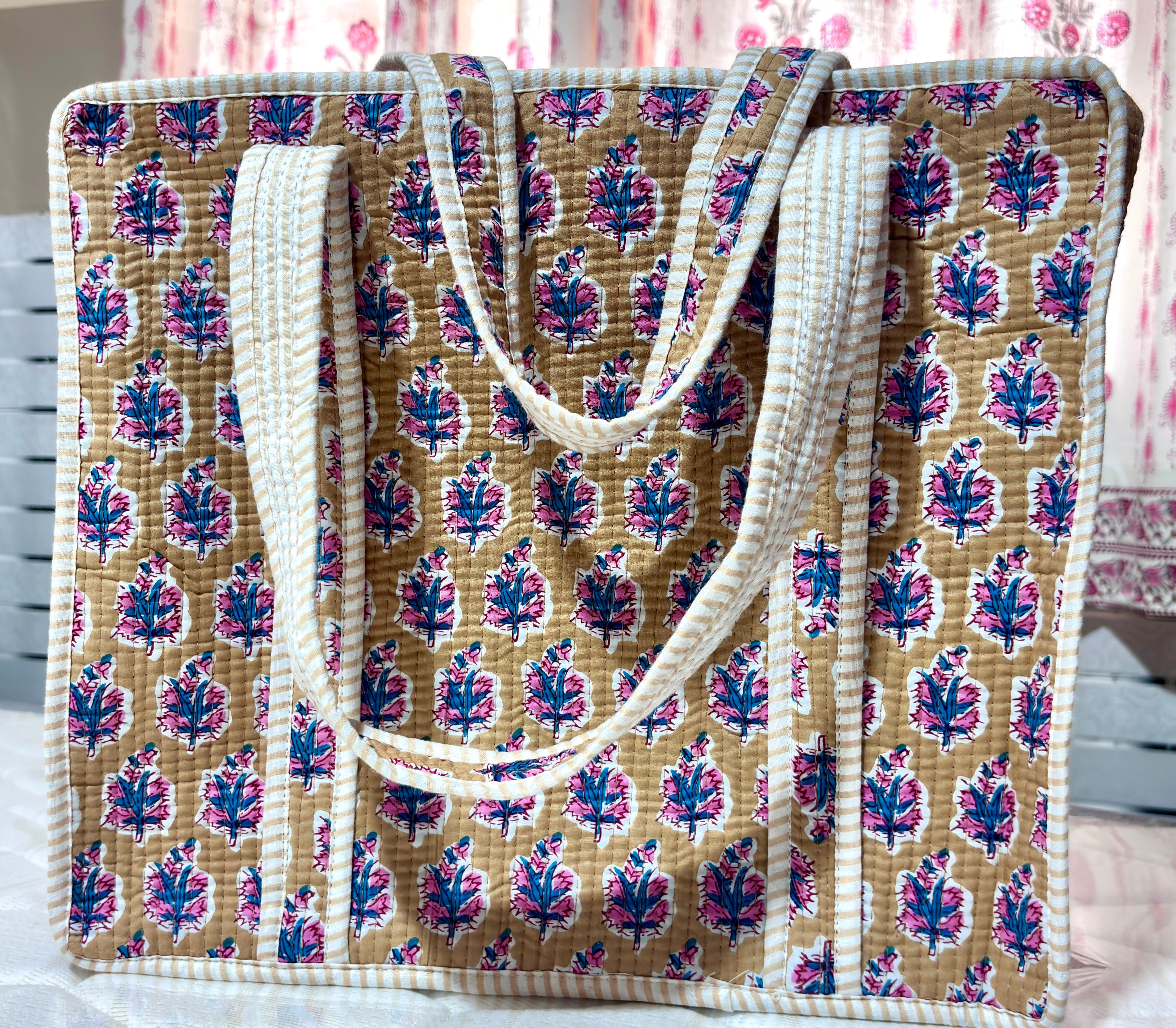 Blue Floral Quilted Cotton Tote Bag for Women | Handmade Block Print Shoulder Bag | Large Reusable Shopping, Office & Travel Tote