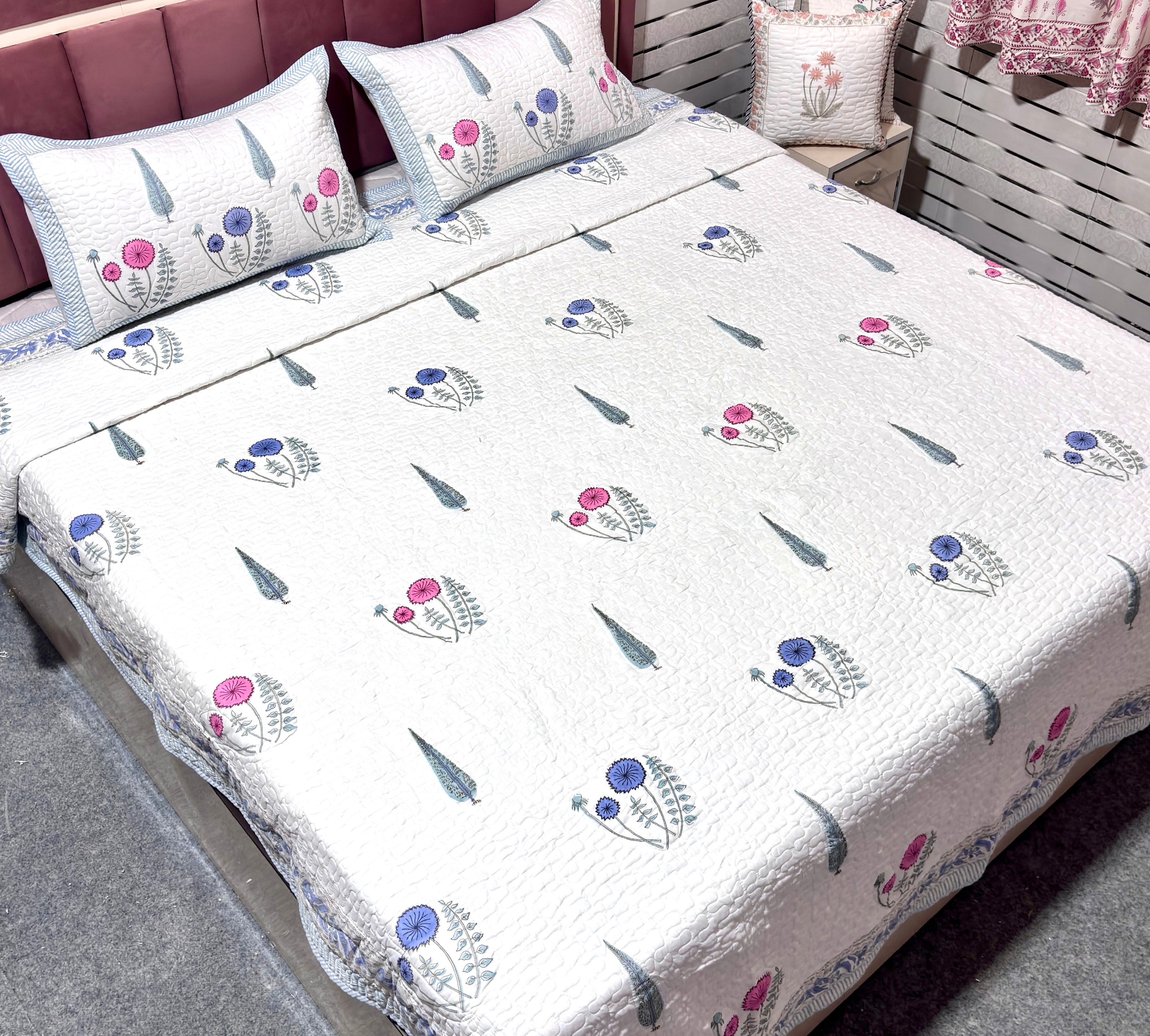 White Blue Pink Floral Bedcover | Quilted Cotton Bedspread | Hand Block Printed Handmade Bed Cover | Soft Indian Home Bedding