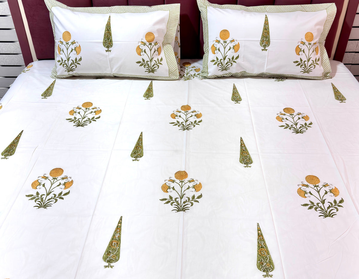 Hand Block Print Cotton Bedsheet Set, White Floral Bedding, Indian Block Printed Sheet with Matching Pillow Covers, Boho Home Decor