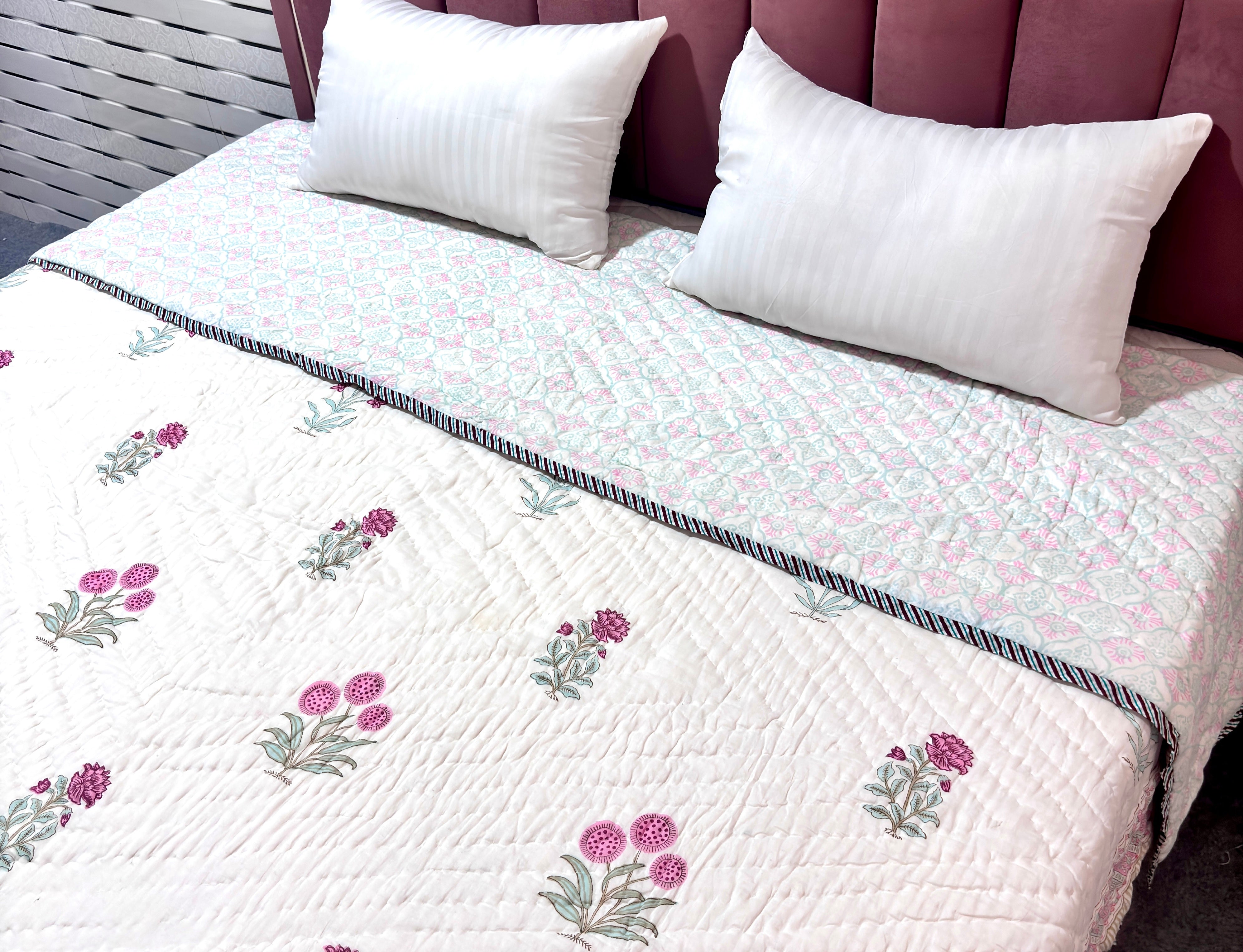Pink White Floral Cotton Quilt | Quilted Bedspread | Hand Block Printed Handmade Quilt | Soft Lightweight Quilt