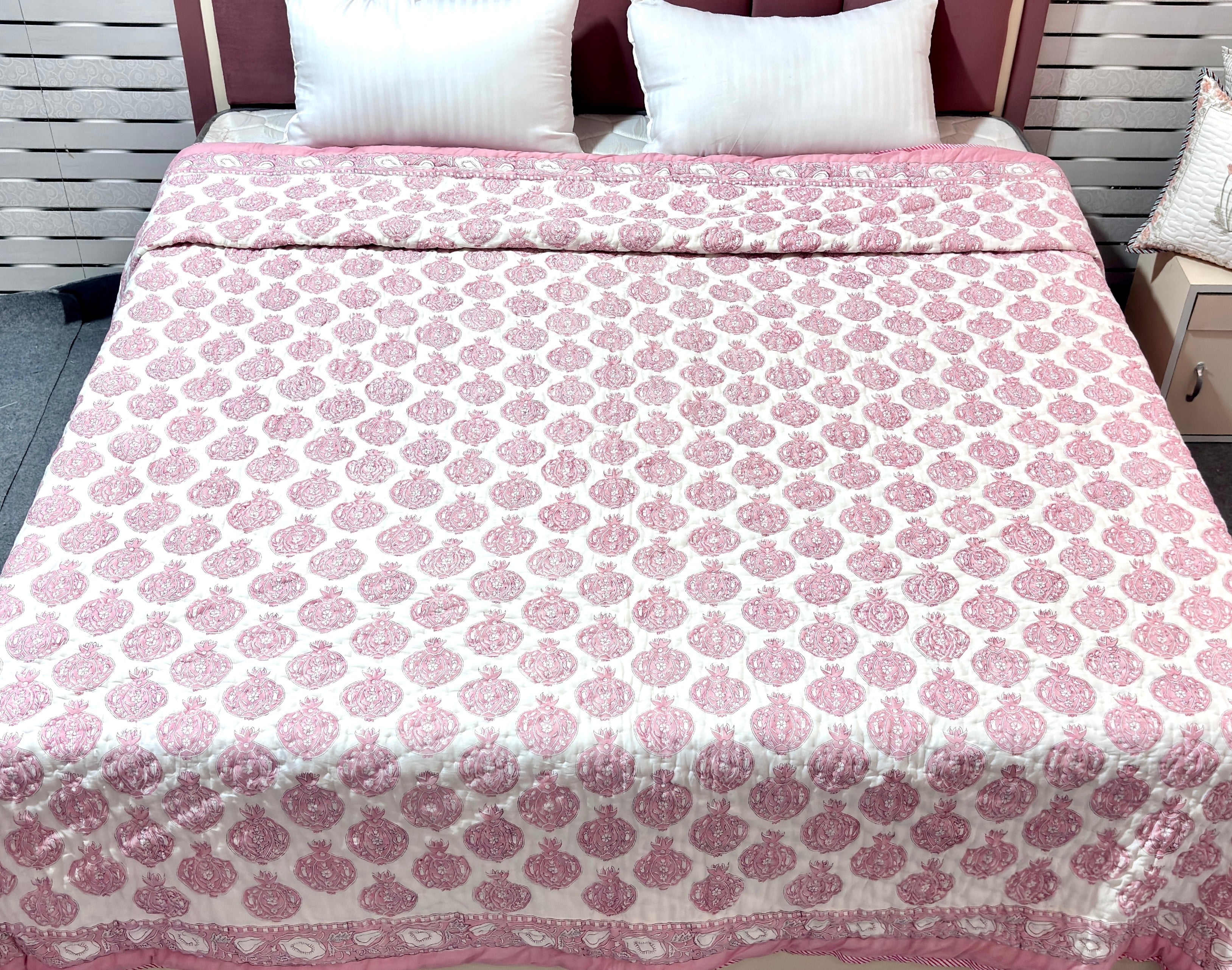 Pink Floral Block Print Cotton Quilt | Handmade Reversible Bed Quilt | Soft Quilted Bedspread | Indian Handcrafted Bedding