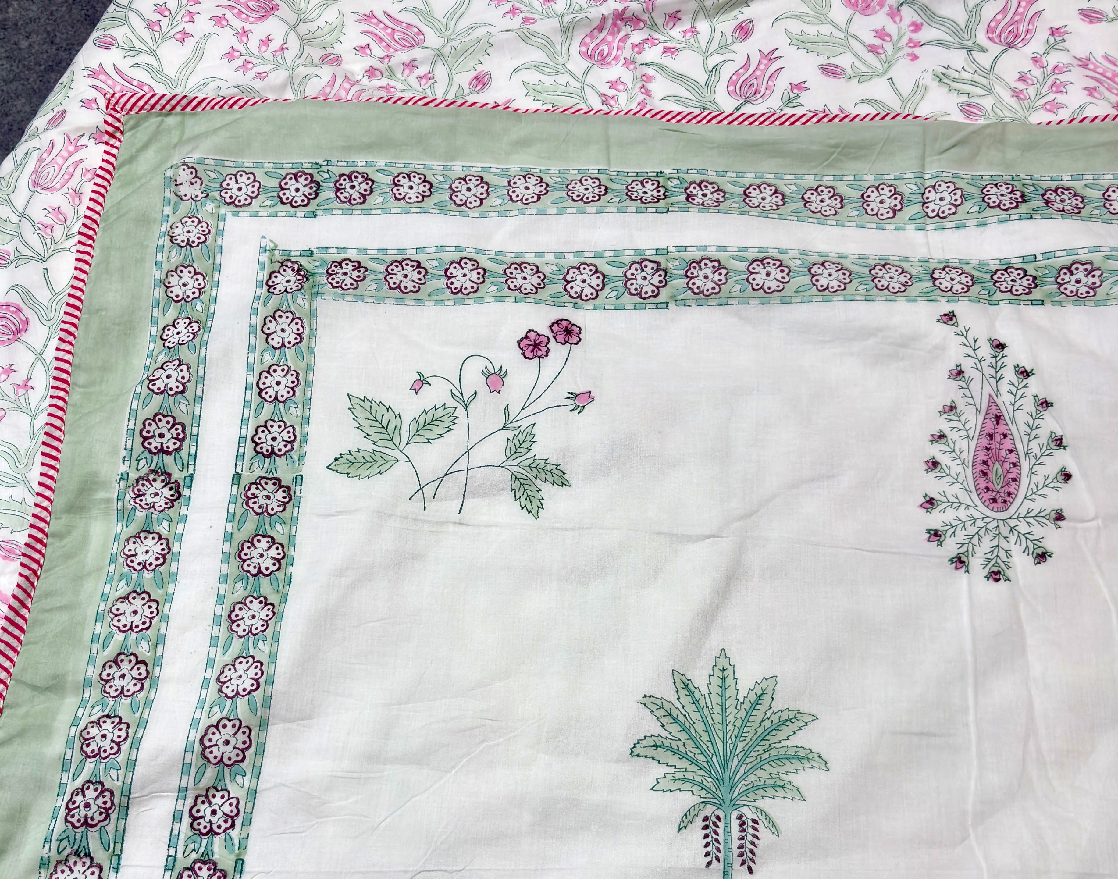 Hand Block Printed Cotton Dohar | Palm Tree Floral Jaipuri Dohar | Soft Reversible Summer AC Blanket | Handmade Cotton Bedding