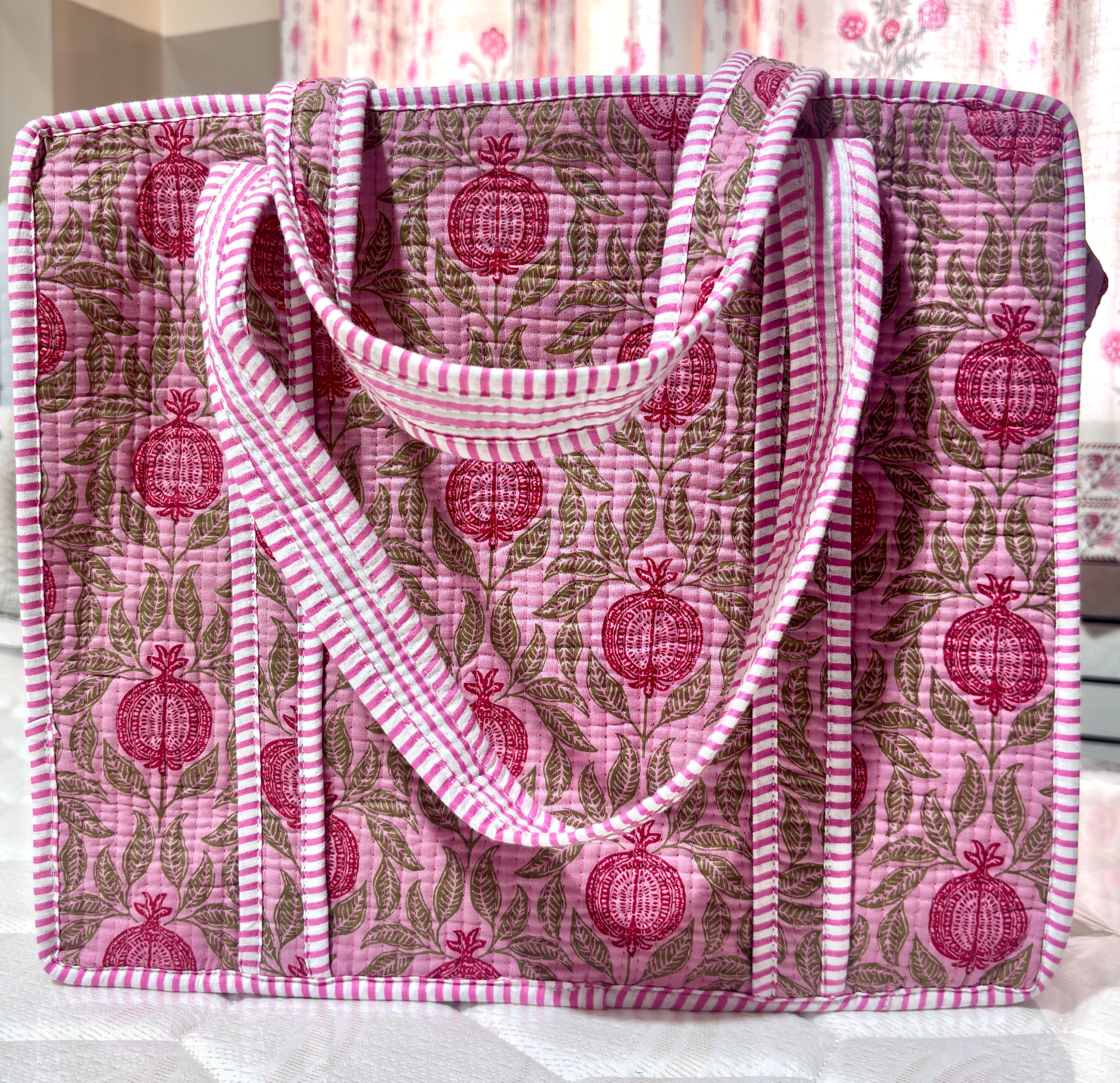 Pink Hand Block Print Quilted Cotton Tote Bag, Handmade Floral Shoulder Bag, Indian Cotton Shopping Tote, Reusable Beach Bag, Gift for Her