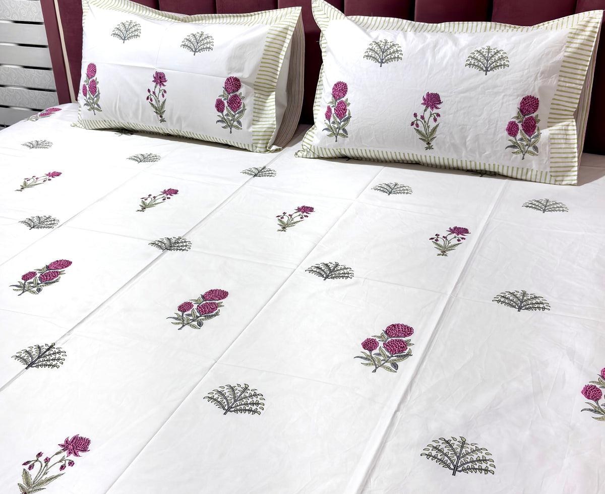 White Floral Cotton Bedsheet | Pink Flower & Green Botanical Printed Double Bed Sheet | Elegant Indian Floral Bedding | King Size