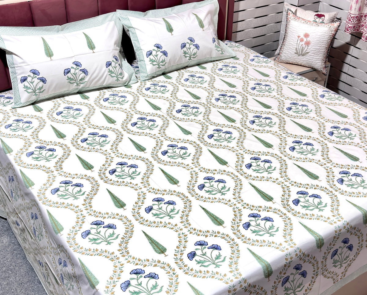 White Blue Floral Cotton Bedsheet | Green Leaf Printed Double Bed Sheet | Elegant Indian Floral Bedding |  King Size