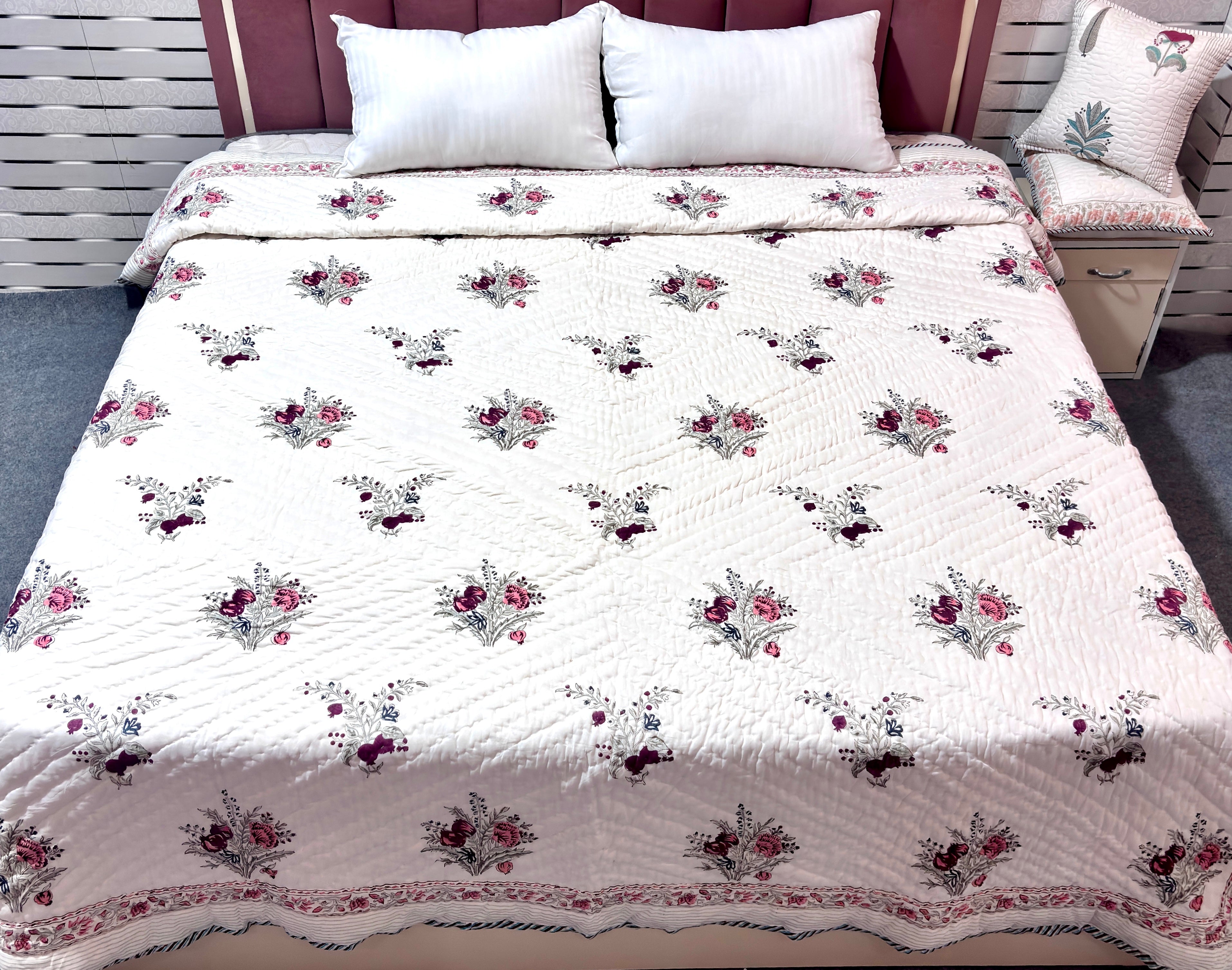 Floral Hand Block Print Quilt Queen Size Cotton Bedding | Soft Lightweight Kantha Quilt | Jaipur Handmade Bedspread
