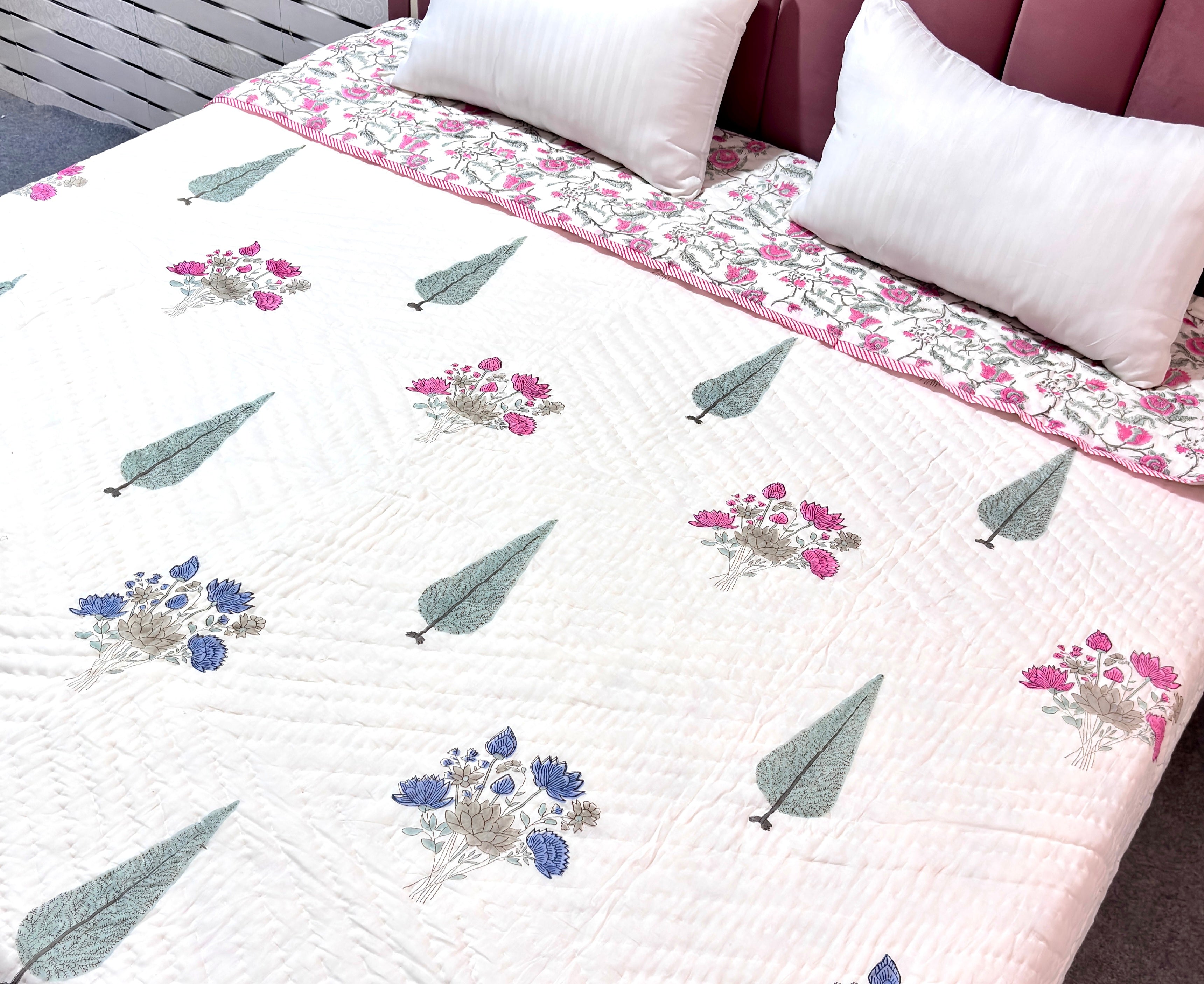 Pink Floral Cotton Quilt | Handmade Indian Block Print Bed Quilt | Soft Quilted Bedspread | Reversible Cotton Bedding
