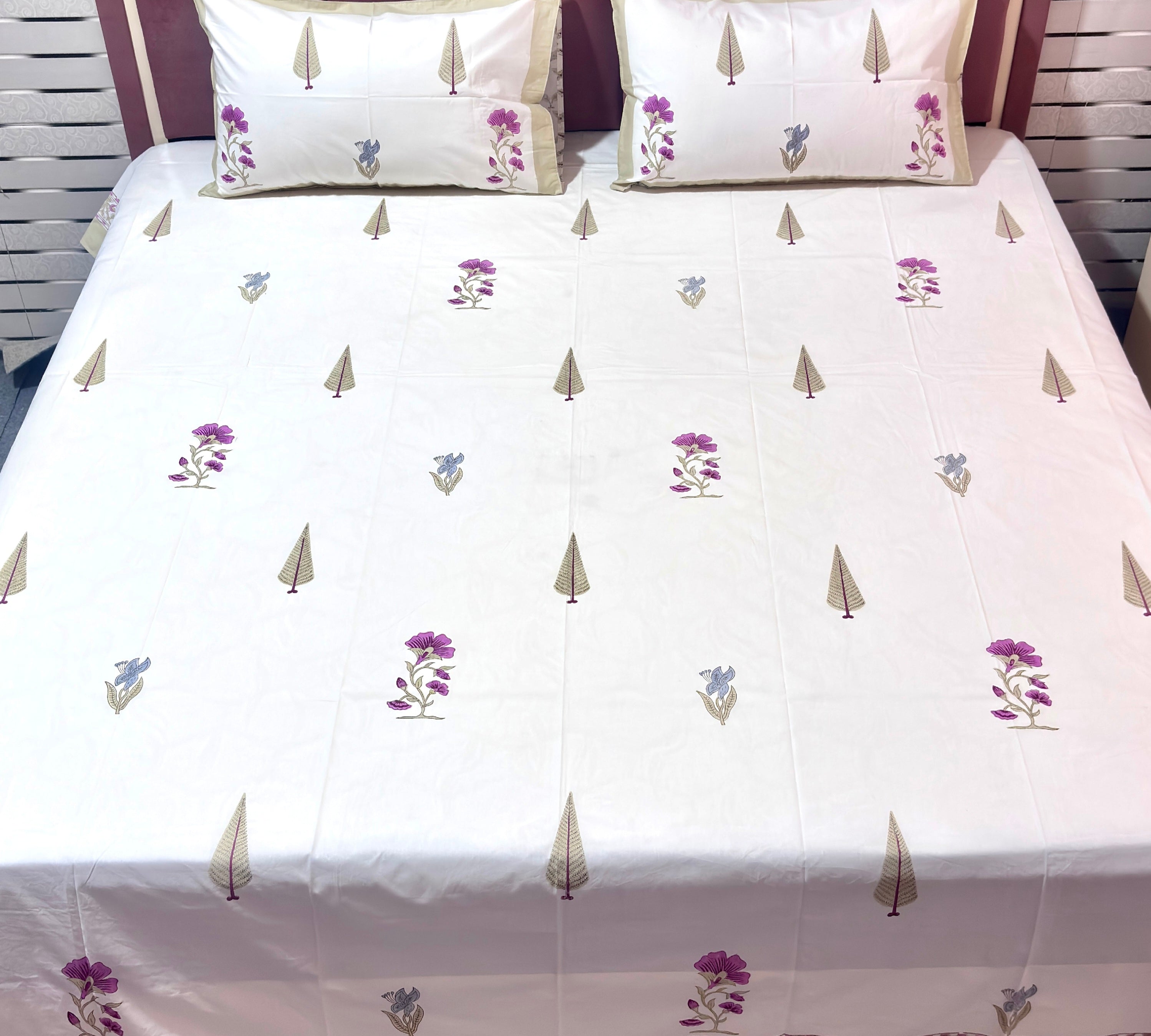 White Floral Cotton Bedsheet | Purple & Blue Flower Printed Bed Sheet | Elegant Indian Floral Bedding