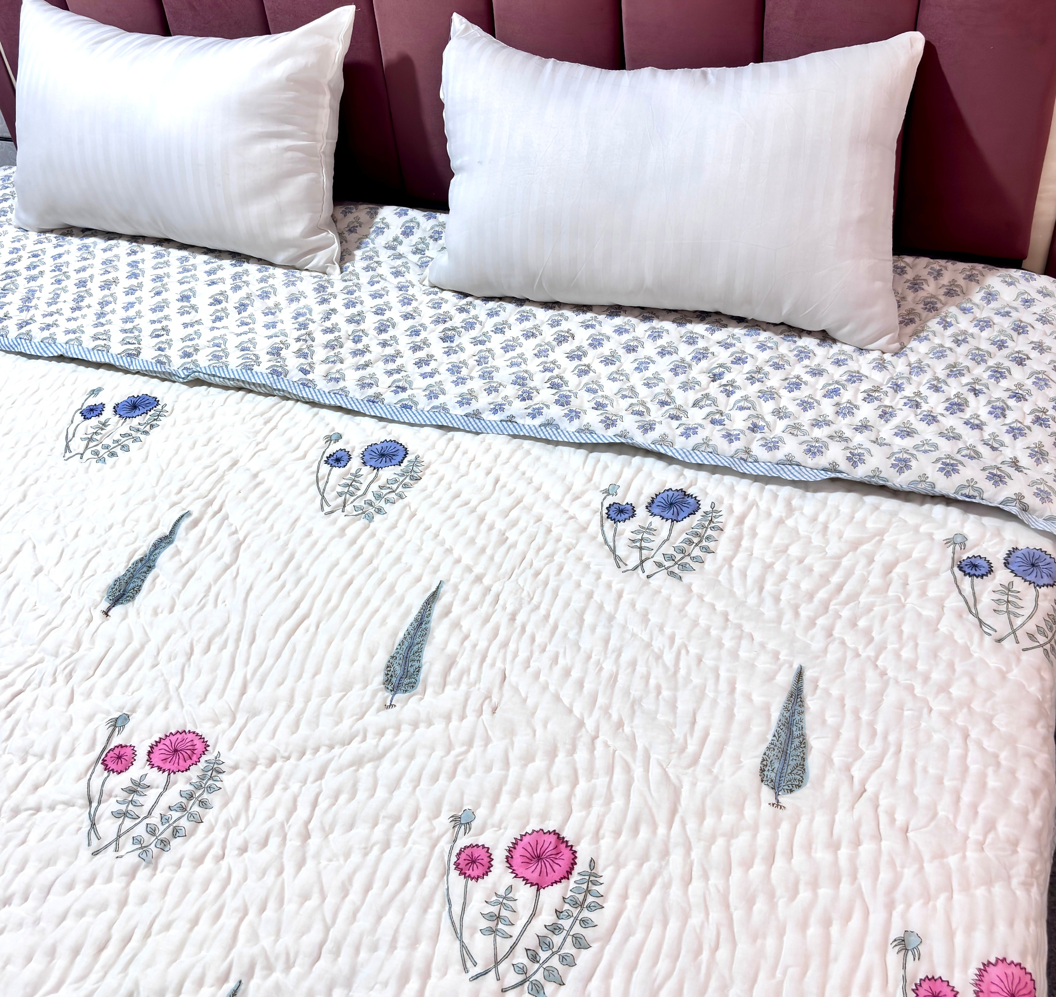 White Pink Floral Cotton Quilt | Reversible Hand Block Printed Quilt | Blue Floral Quilted Bedspread | Lightweight Summer Quilt