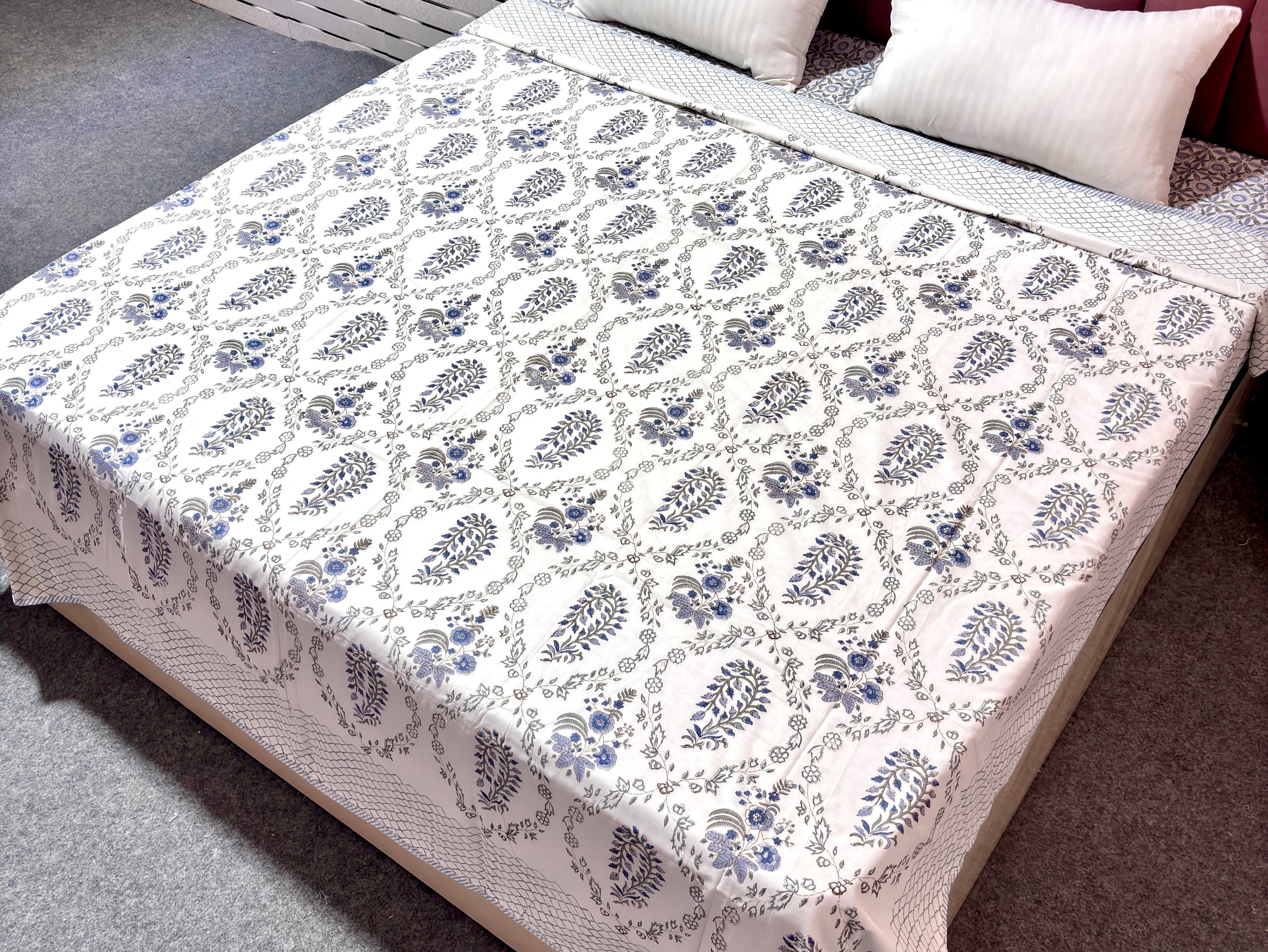 Hand Block Printed Cotton Dohar | Reversible Soft Summer Dohar | Blue Floral Jaipuri Dohar | Lightweight AC Blanket | Handmade Cotton Bedding