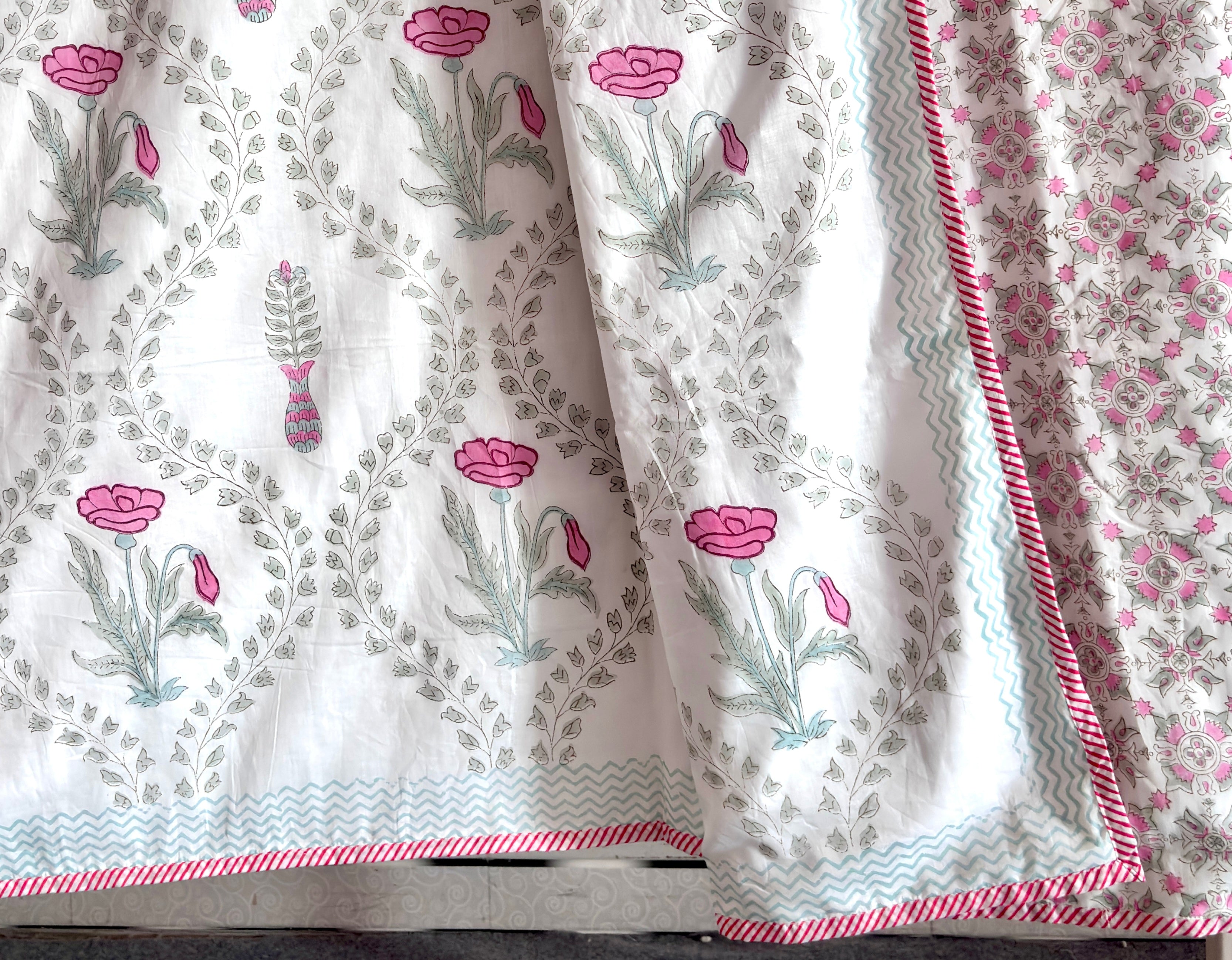 White Pink Green Floral Cotton Dohar | Paisley Printed Summer Dohar | Hand Block Printed Jaipuri Dohar | Soft Lightweight AC Blanket