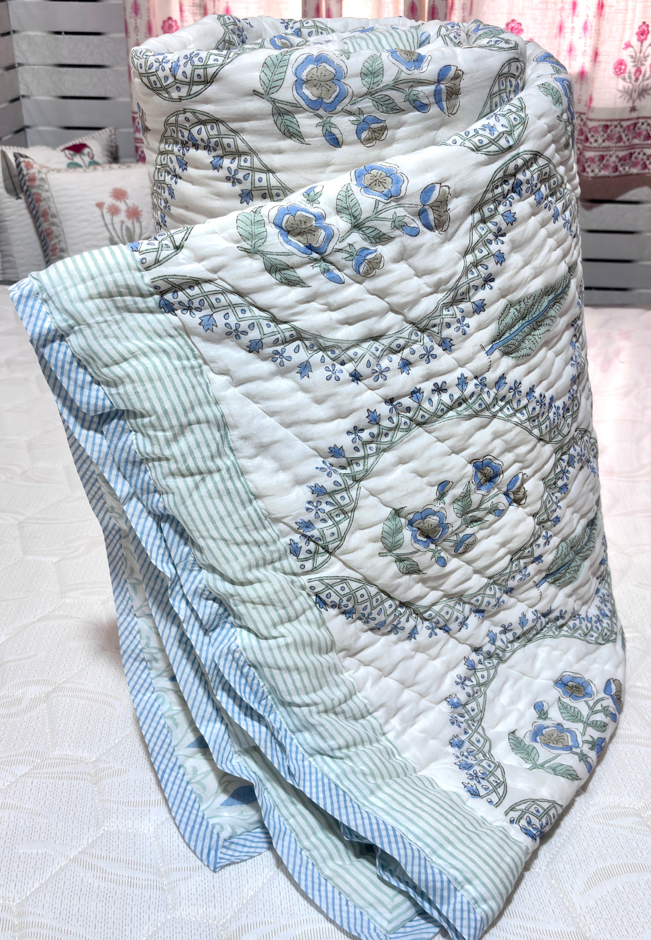 Green Floral Hand Block Print Cotton Quilt, Reversible Jaipuri Razai, Handmade Indian Quilt, Boho Bedding, Soft Cotton Bedspread, Queen Size Quilt