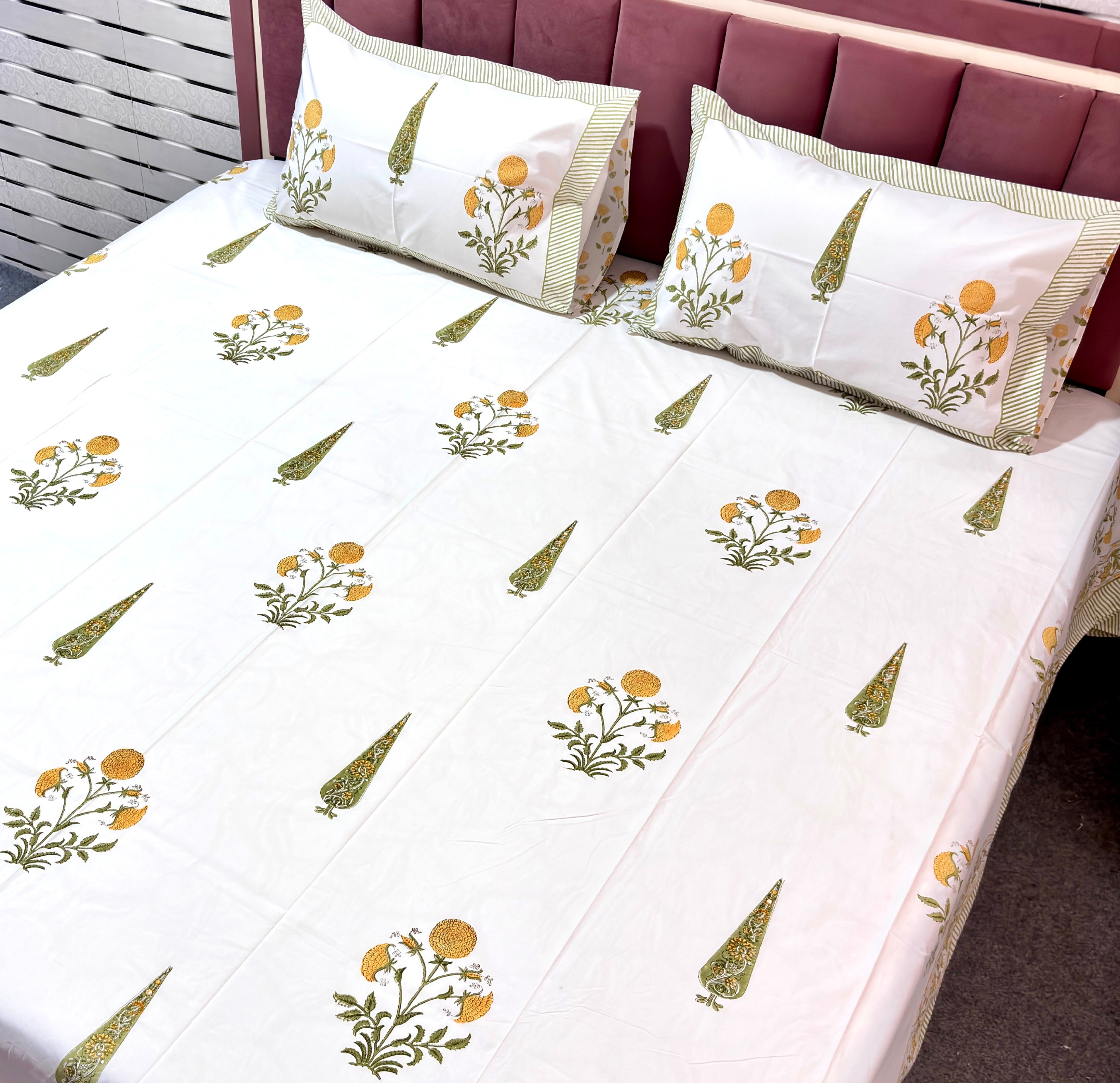 Hand Block Print Cotton Bedsheet Set, White Floral Bedding, Indian Block Printed Sheet with Matching Pillow Covers, Boho Home Decor