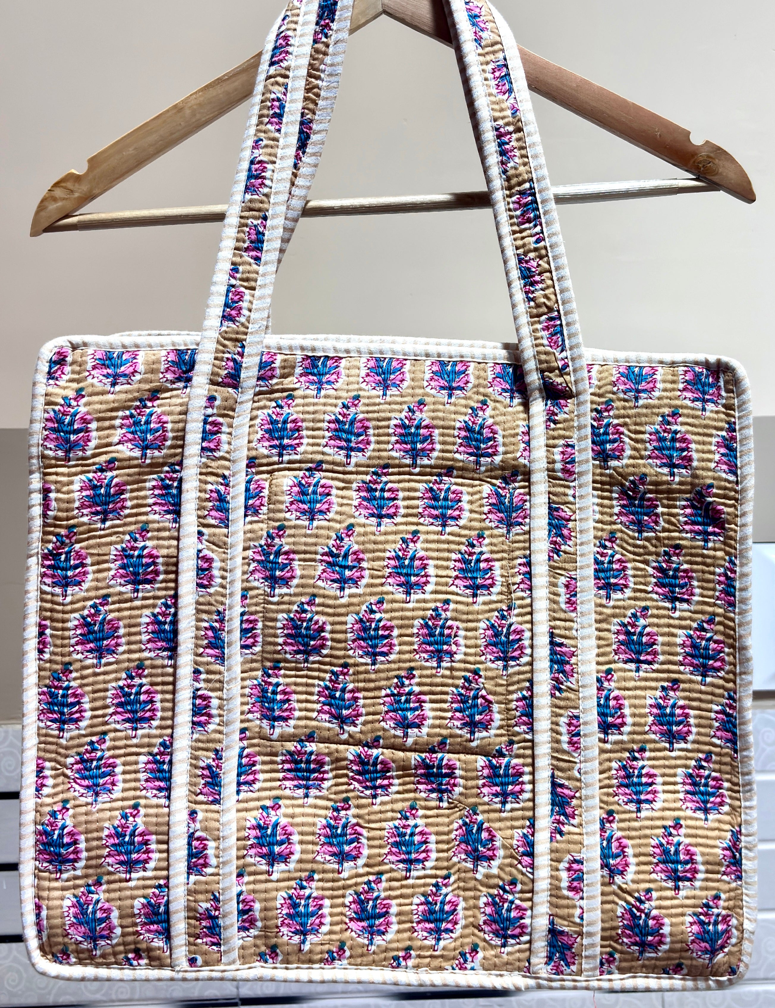 Blue Floral Quilted Cotton Tote Bag for Women | Handmade Block Print Shoulder Bag | Large Reusable Shopping, Office & Travel Tote