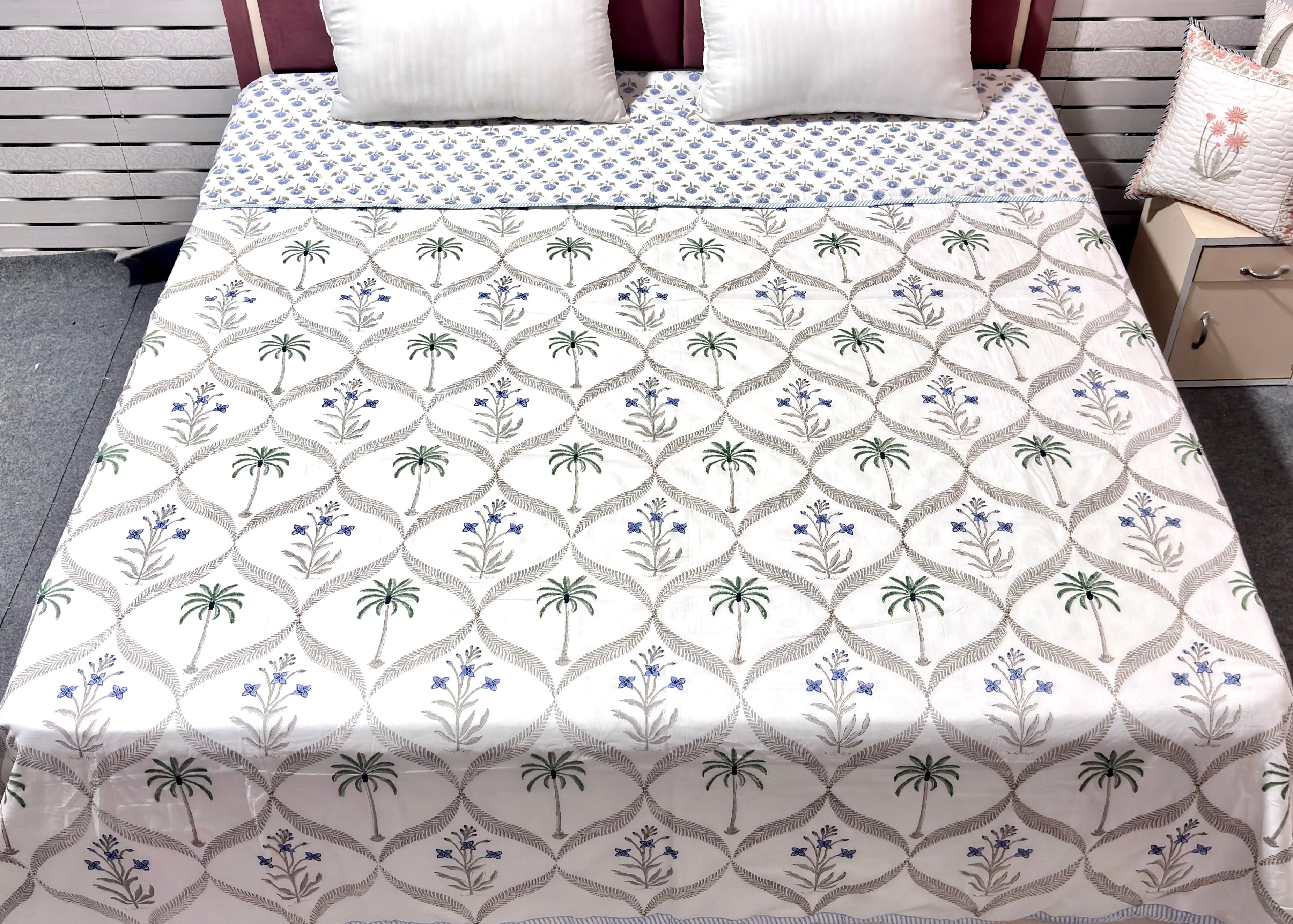 White Blue Floral Cotton Dohar | Hand Block Printed Jaipuri Dohar | Soft Lightweight Summer AC Blanket | Handmade Cotton Bedding