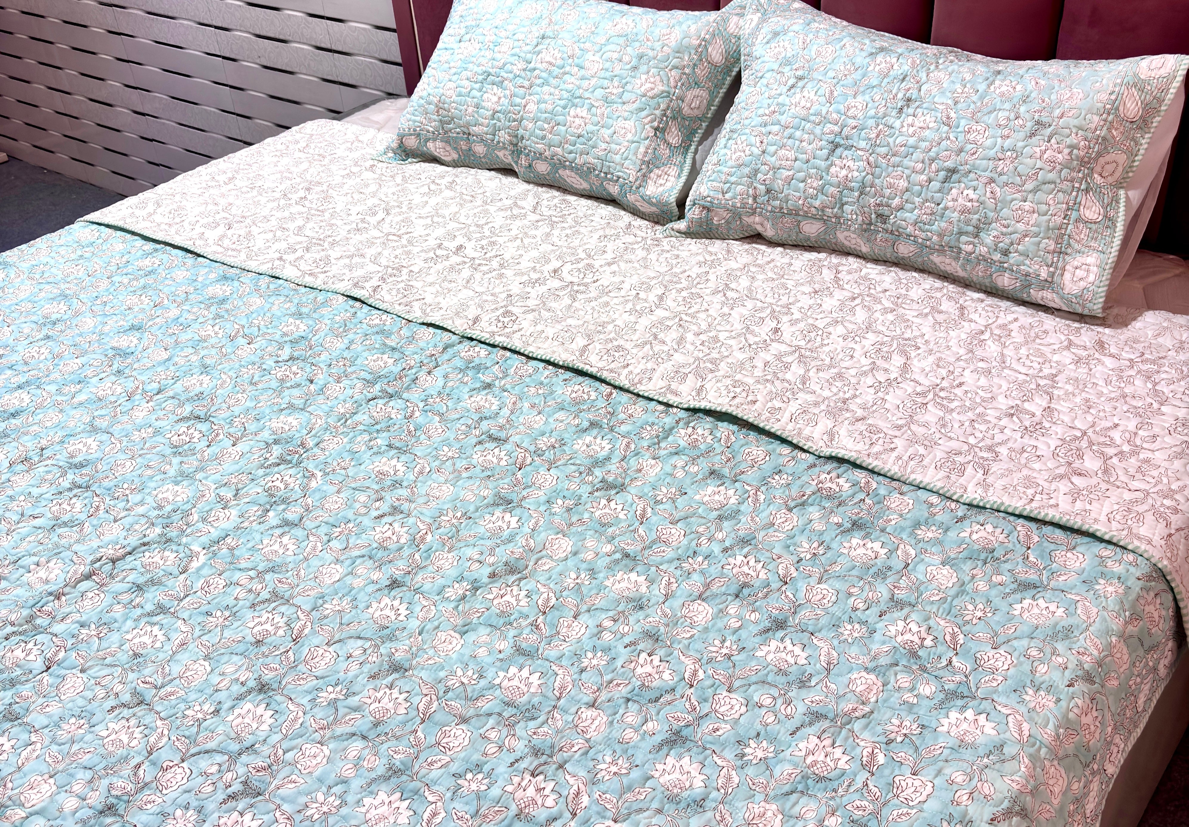 Hand Block Print Cotton Bedcover | Light Blue Floral Quilt | Reversible Jaipuri Bedspread | Handmade Cotton Bedding | Queen Bed Cover
