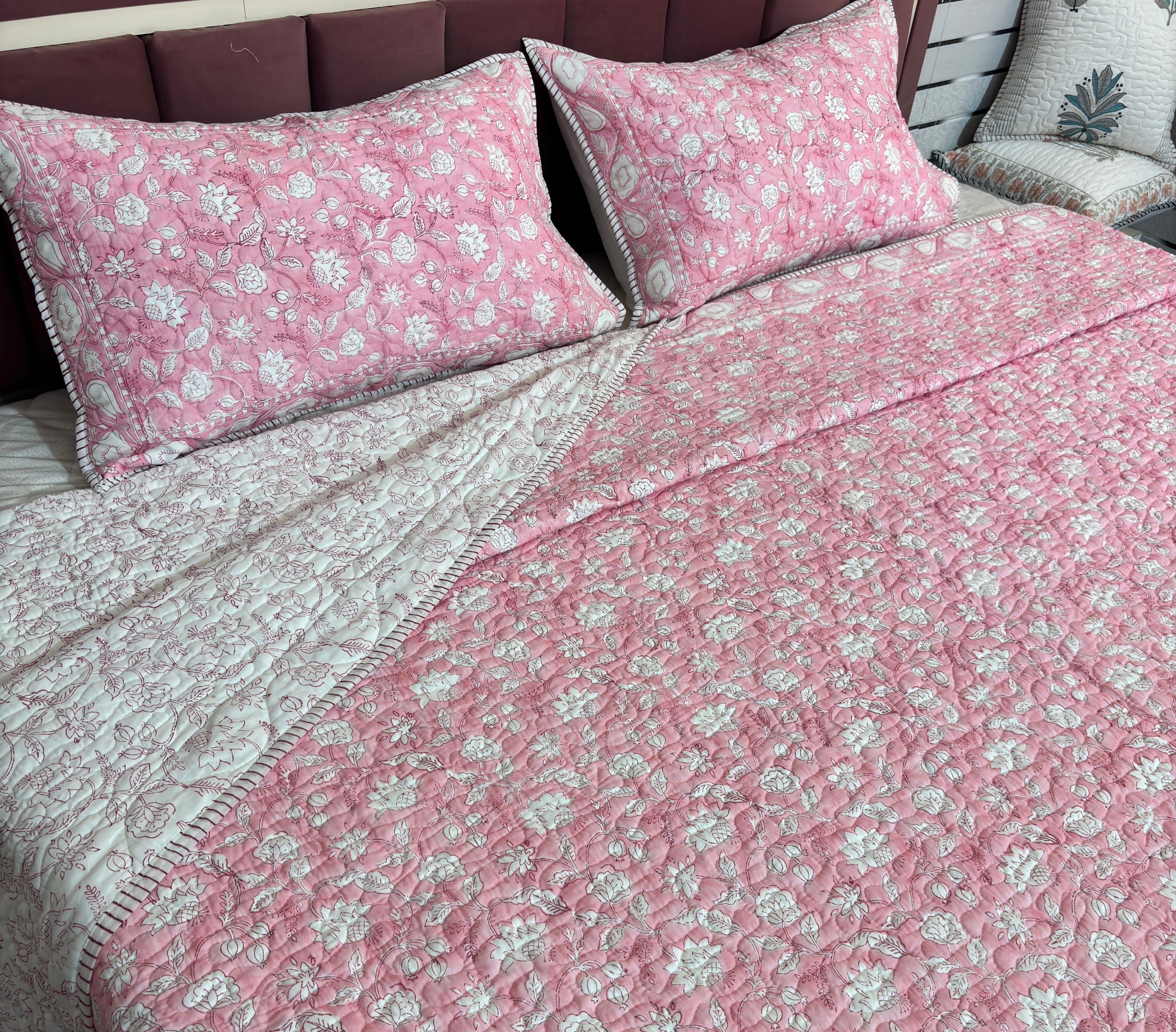 Pink Hand Block Print Cotton Bedcover Set | Floral Jaipuri Bedspread with Pillow Covers | Queen Size Bedding