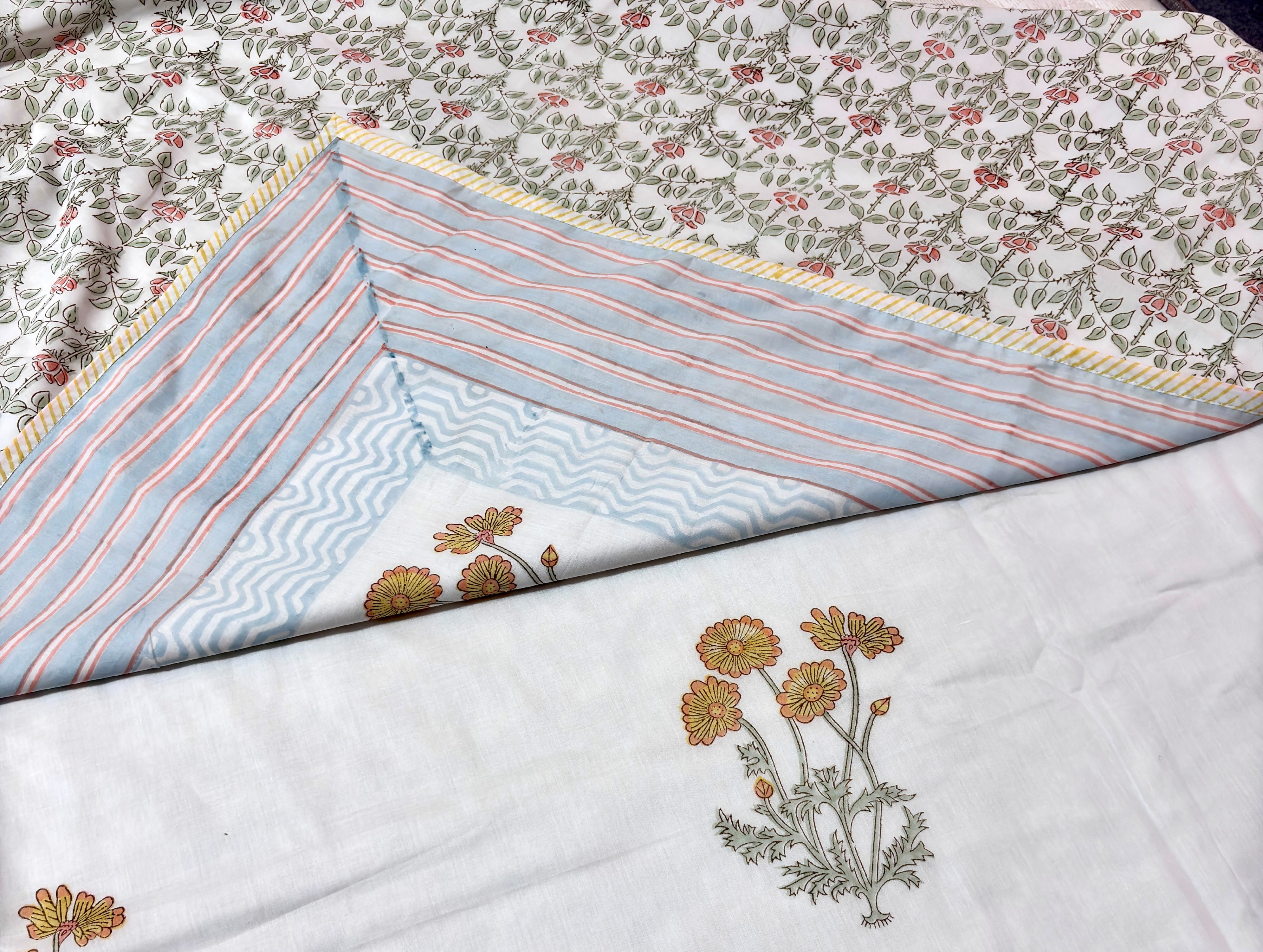 Hand Block Print Cotton Dohar | Reversible Summer Blanket | Soft Mulmul Cotton AC Blanket | Jaipuri Floral Dohar | Lightweight Quilt