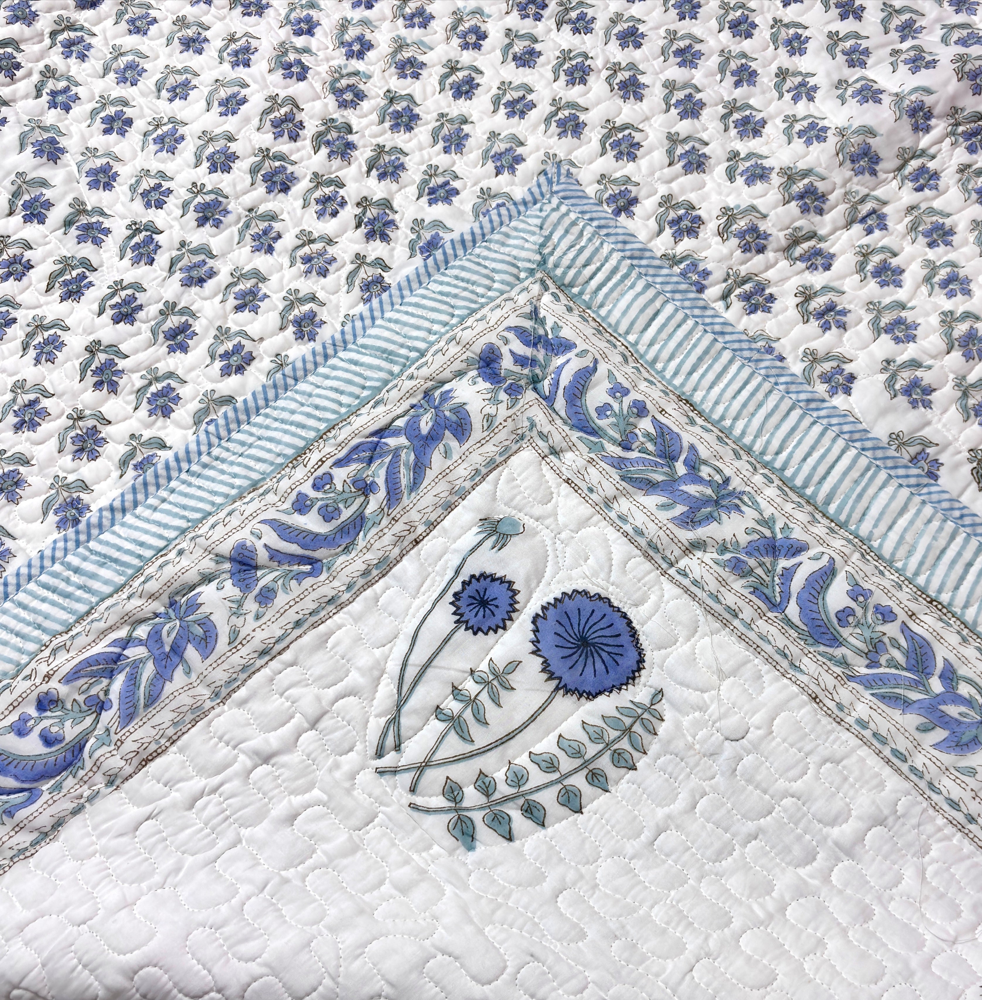 White Blue Pink Floral Bedcover | Quilted Cotton Bedspread | Hand Block Printed Handmade Bed Cover | Soft Indian Home Bedding