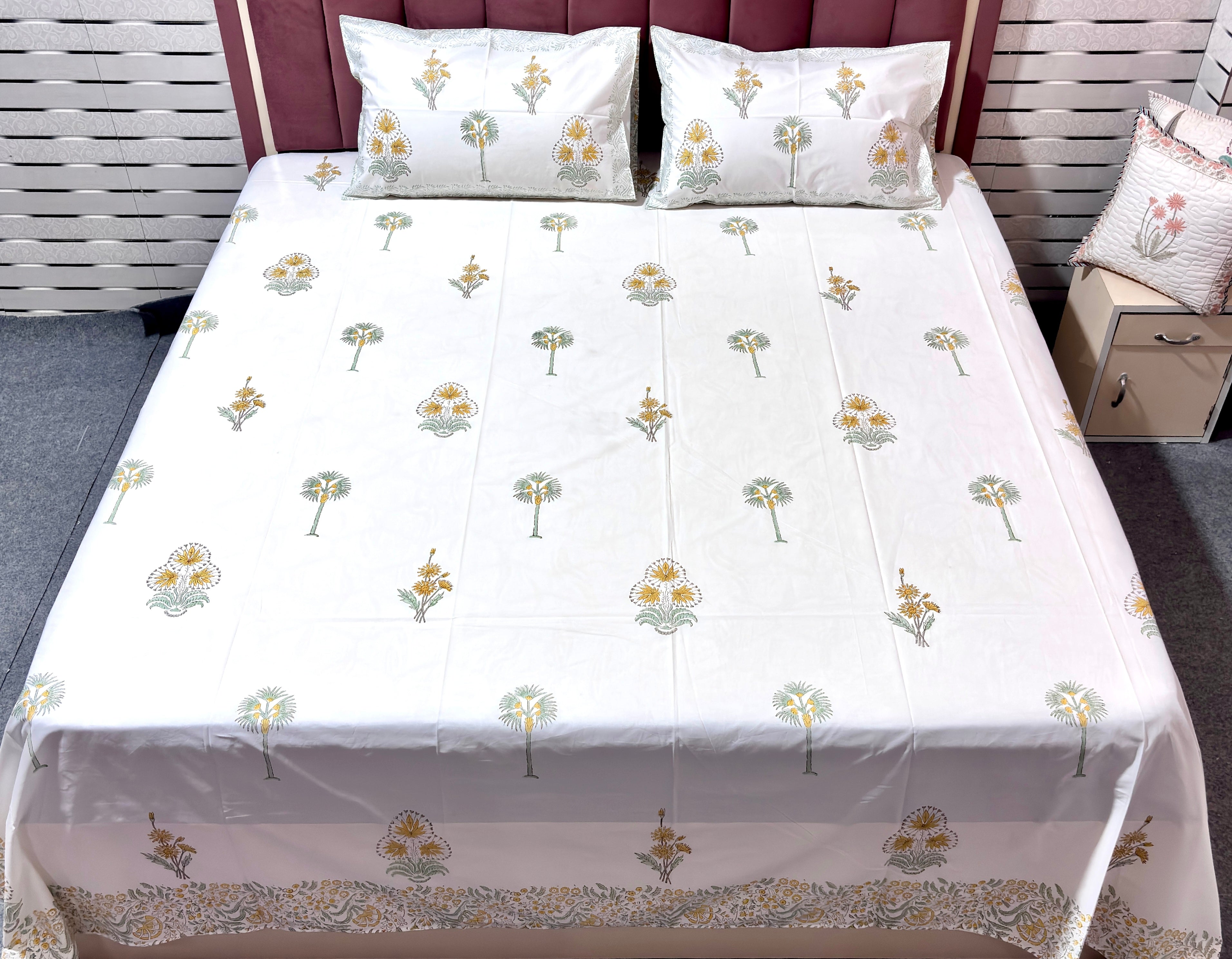 Yellow floral handblock printed king size bedsheet