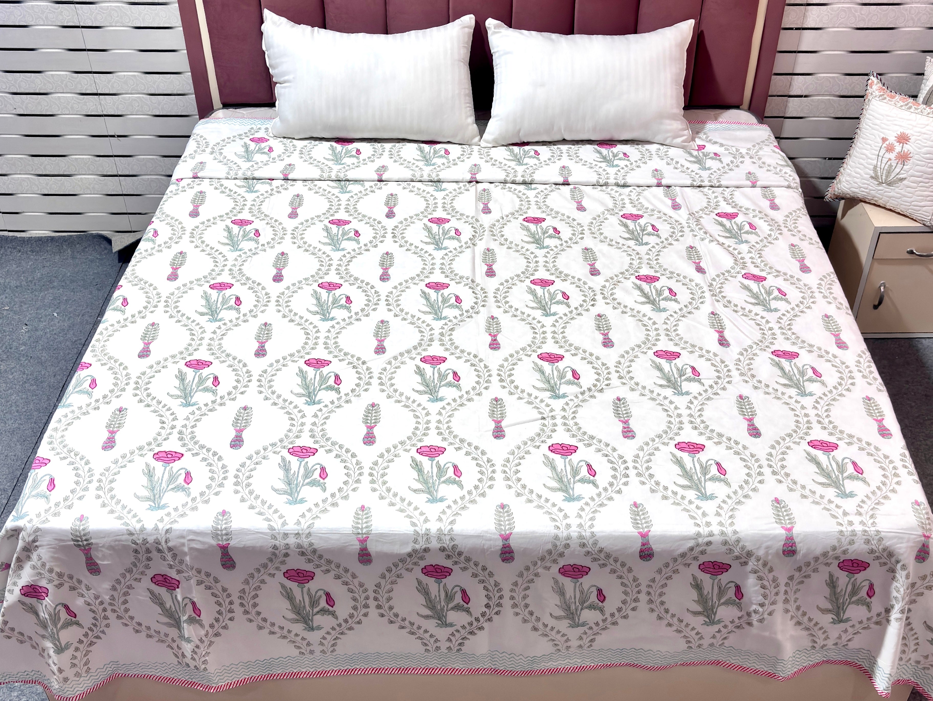 White Pink Green Floral Cotton Dohar | Paisley Printed Summer Dohar | Hand Block Printed Jaipuri Dohar | Soft Lightweight AC Blanket