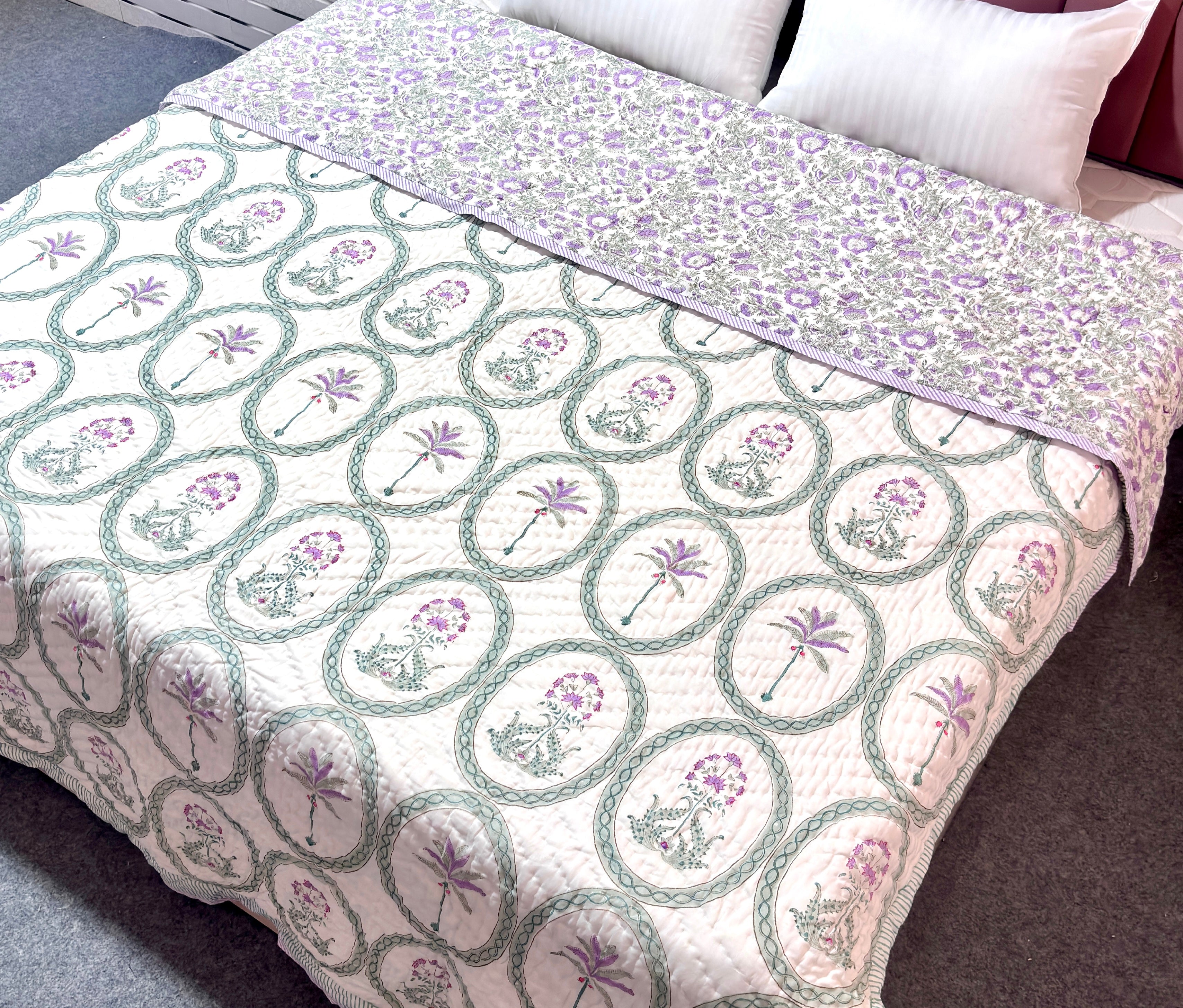 Hand Block Printed Cotton Quilt | Green Floral Medallion Reversible Bedspread | Handmade Indian Quilt | Lightweight Queen & King Size Bedding