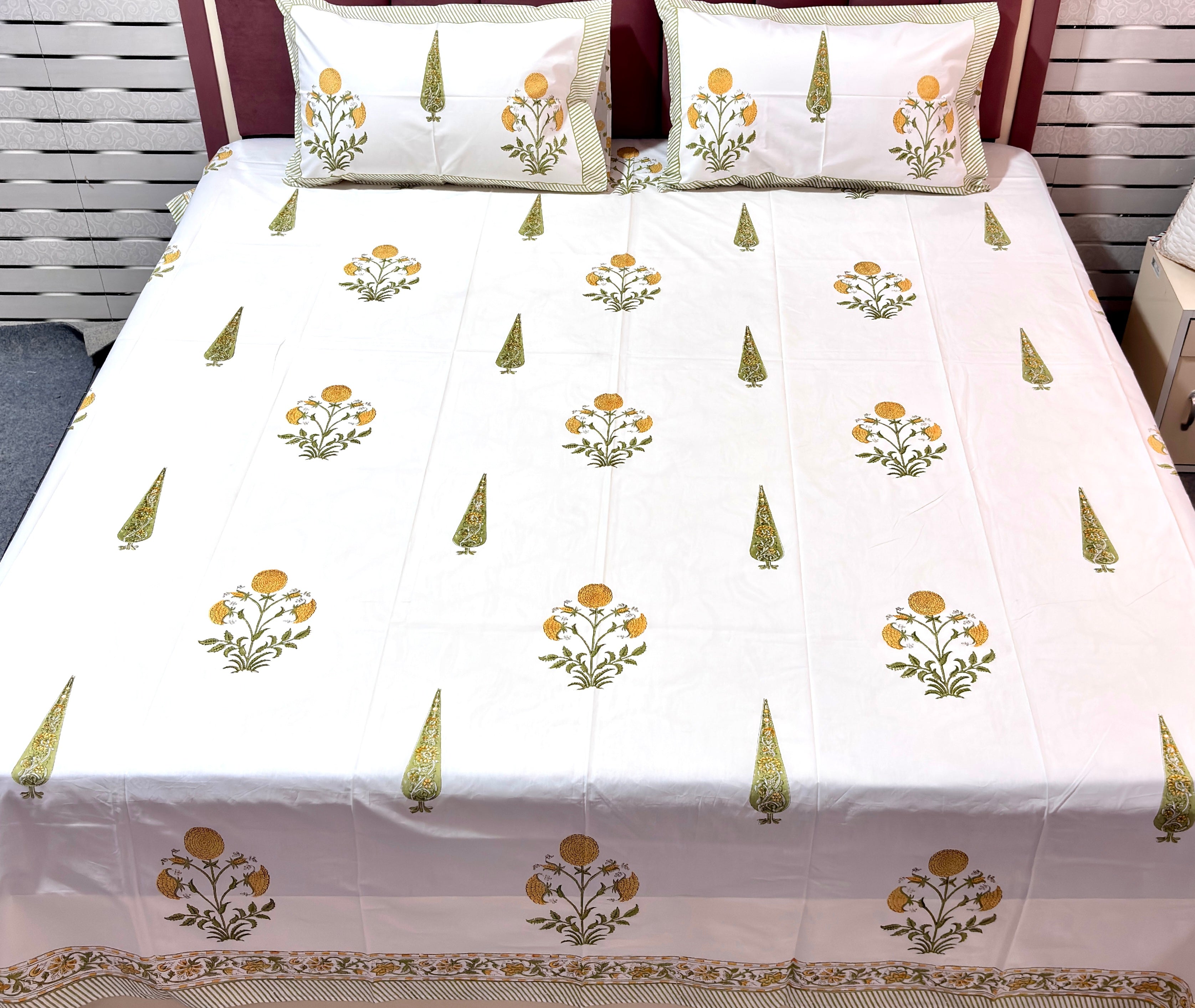 Hand Block Print Cotton Bedsheet Set, White Floral Bedding, Indian Block Printed Sheet with Matching Pillow Covers, Boho Home Decor