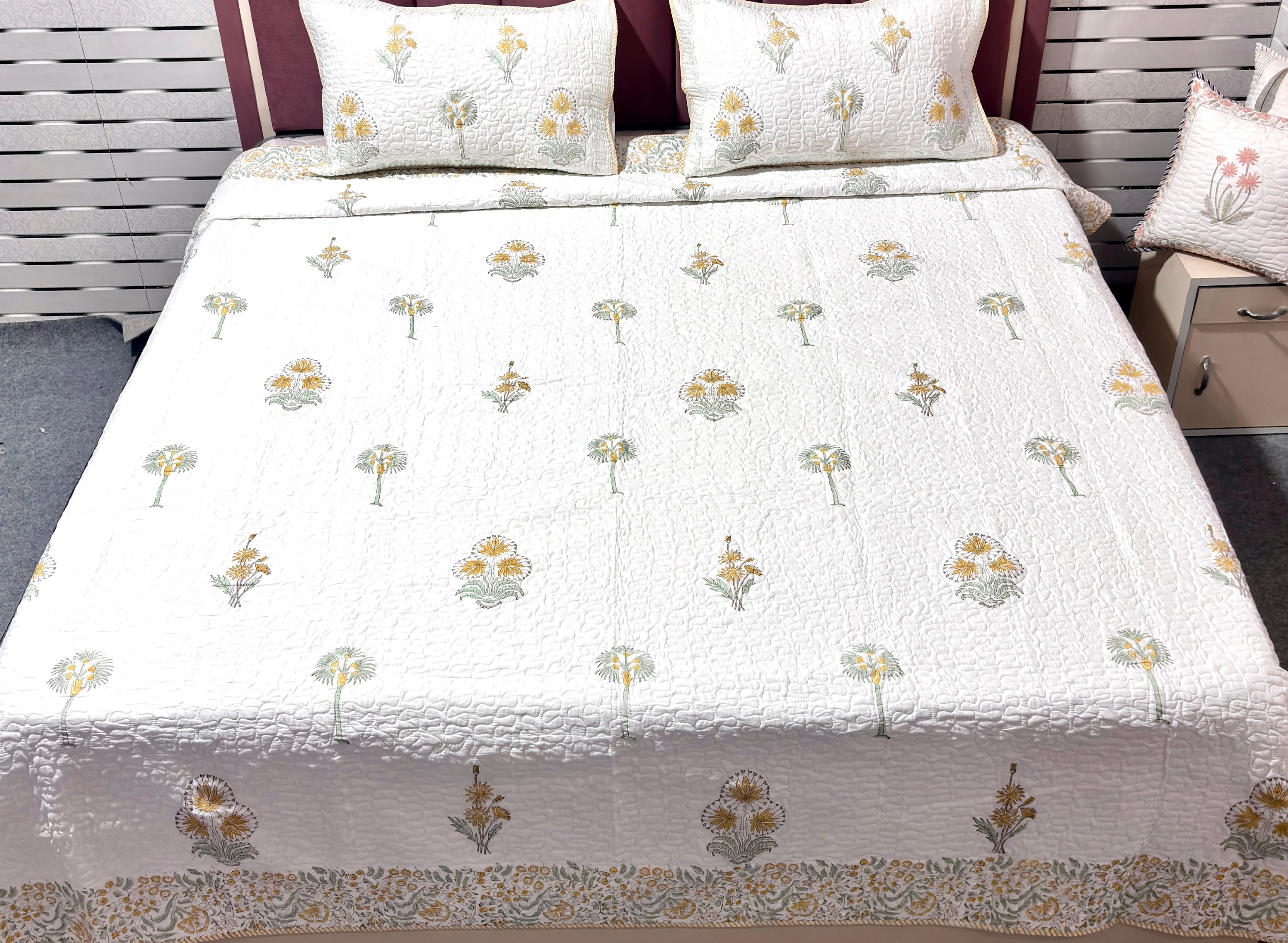 White Yellow Floral Quilted Bedcover | Cotton Bedspread | Hand Block Printed Handmade Bed Cover | Lightweight Floral Bedding