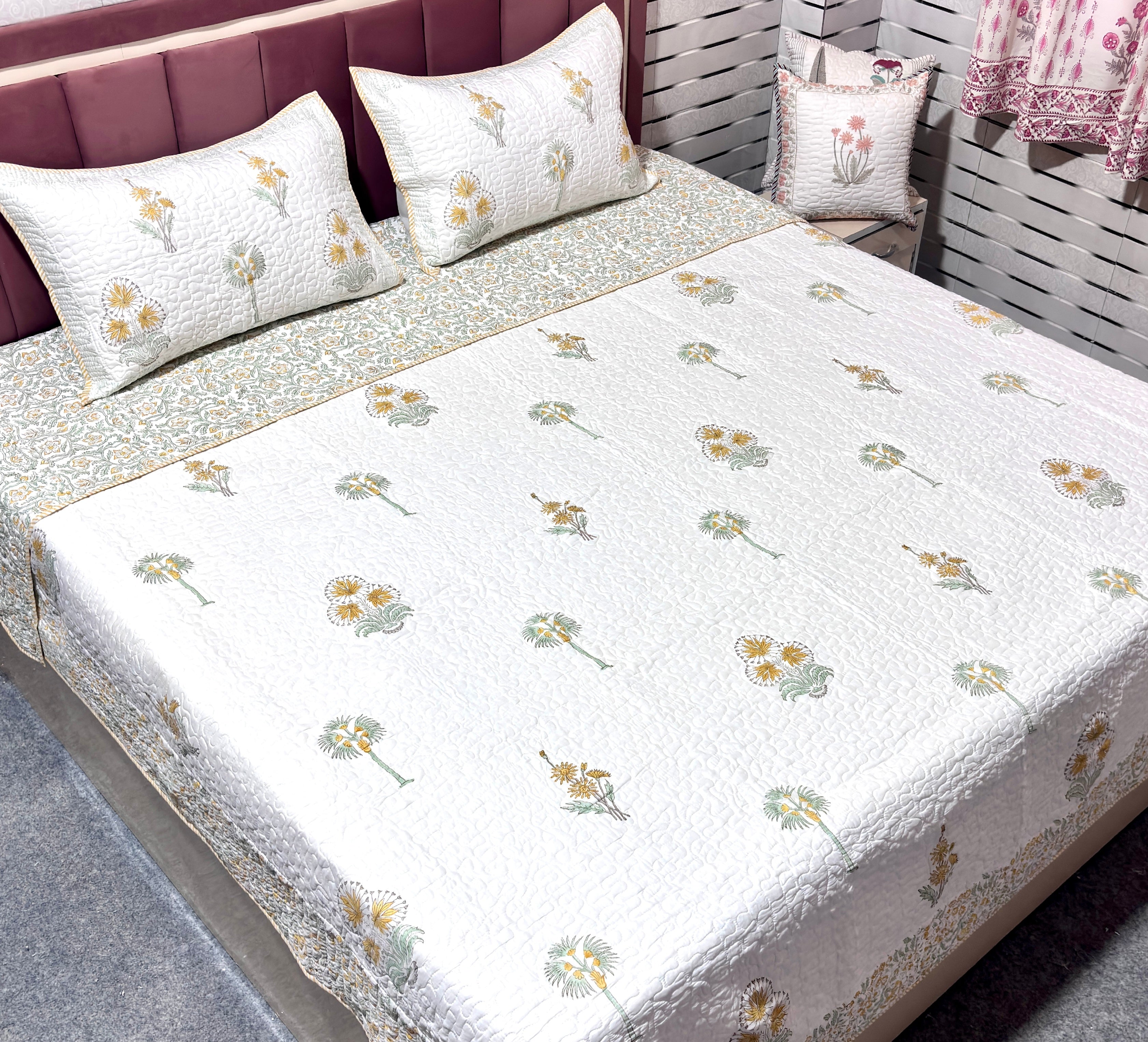White Yellow Floral Quilted Bedcover | Cotton Bedspread | Hand Block Printed Handmade Bed Cover | Lightweight Floral Bedding