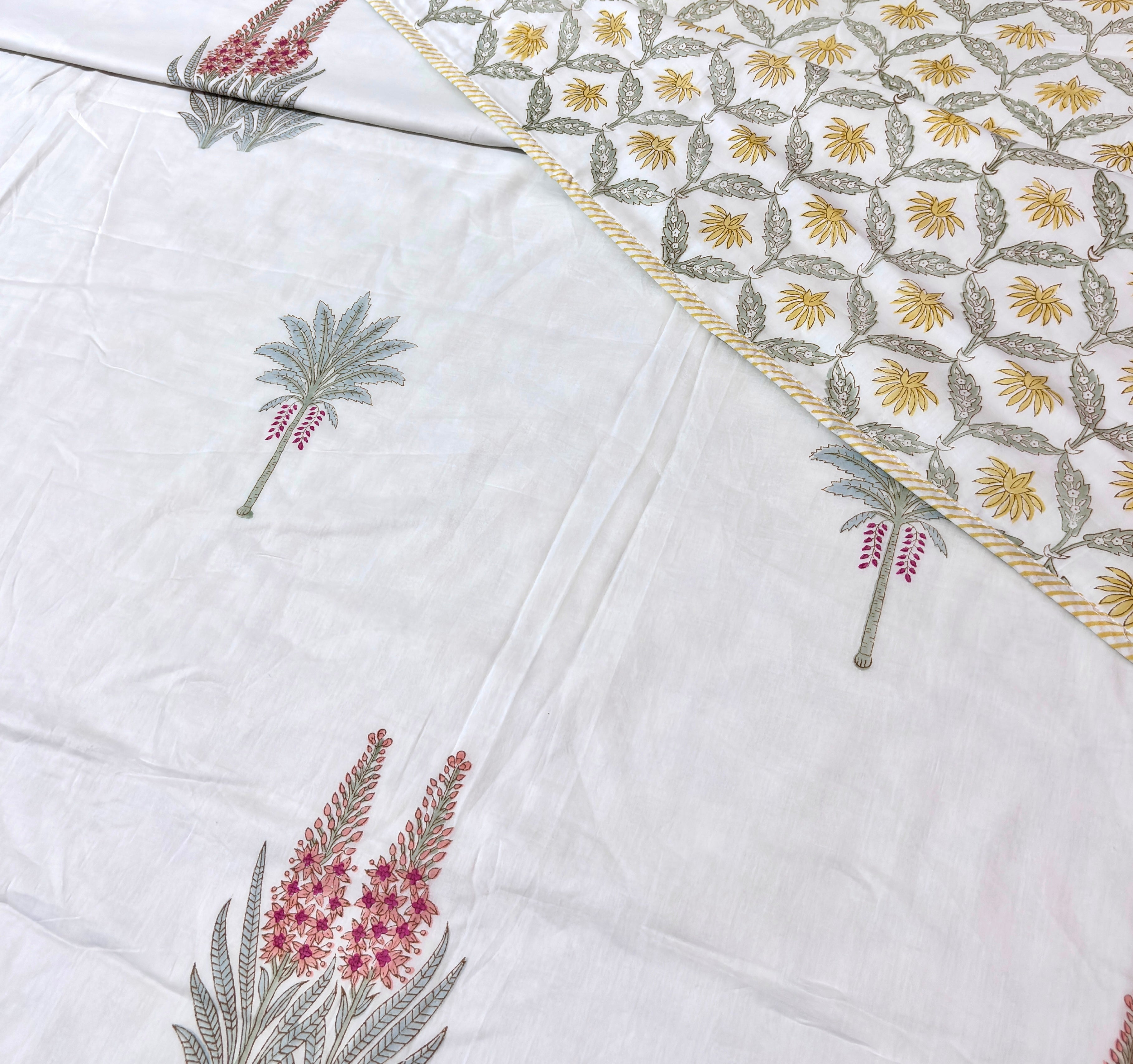 Floral Hand Block Print Cotton Dohar, Lightweight Summer Blanket, Reversible AC Blanket, Handmade Indian Cotton Bedding