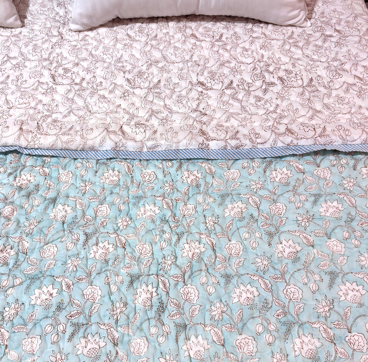 Floral Blue Cotton Quilt | Reversible Pink Flower Quilt | Hand Block Printed Indian Cotton Bedspread | Handmade Bedding
