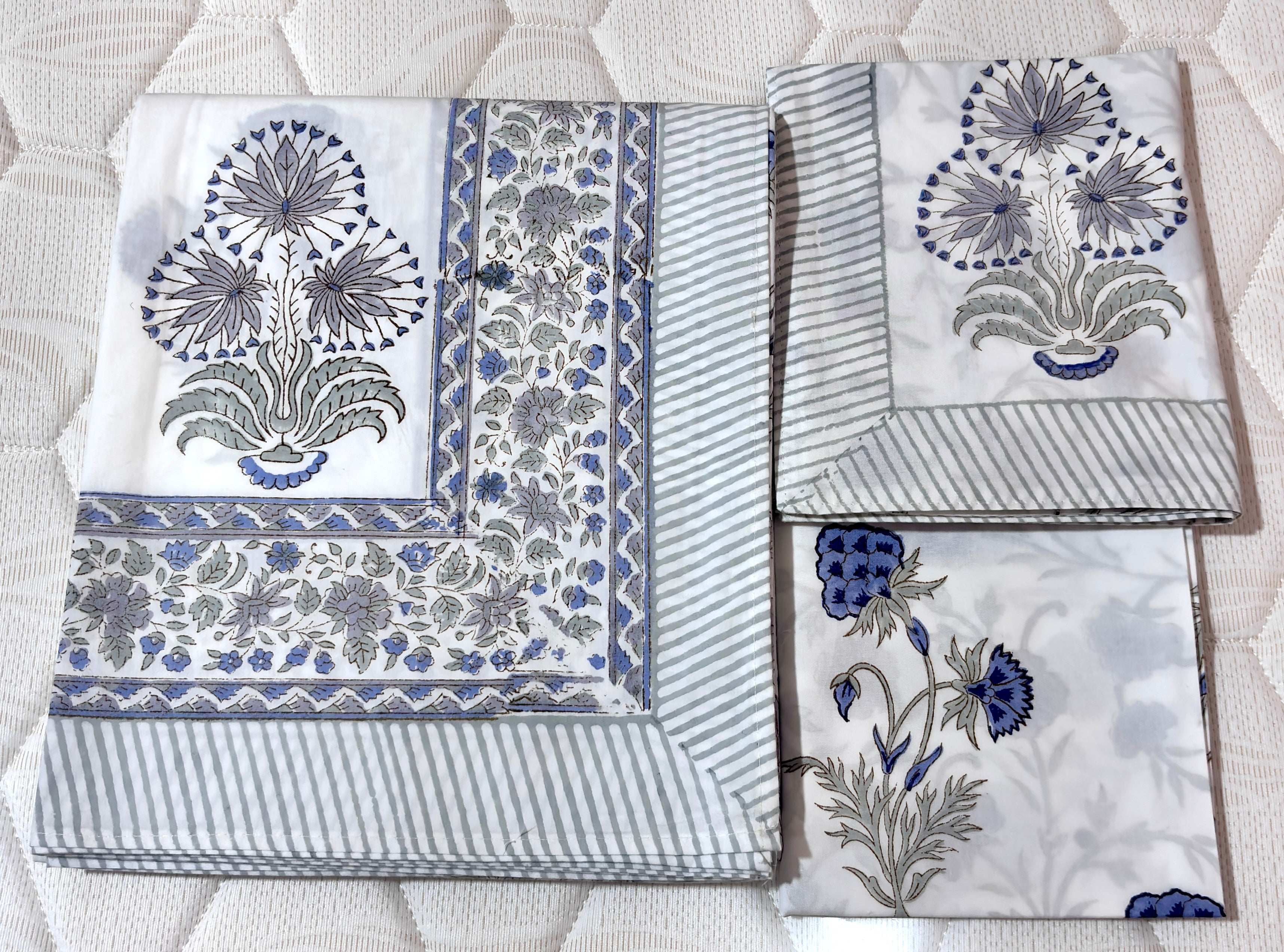 Hand Block Print Cotton Bedsheet Queen Size, Blue Floral Bedding Set, Handmade Indian Bed Linen, Luxury Bedroom Decor