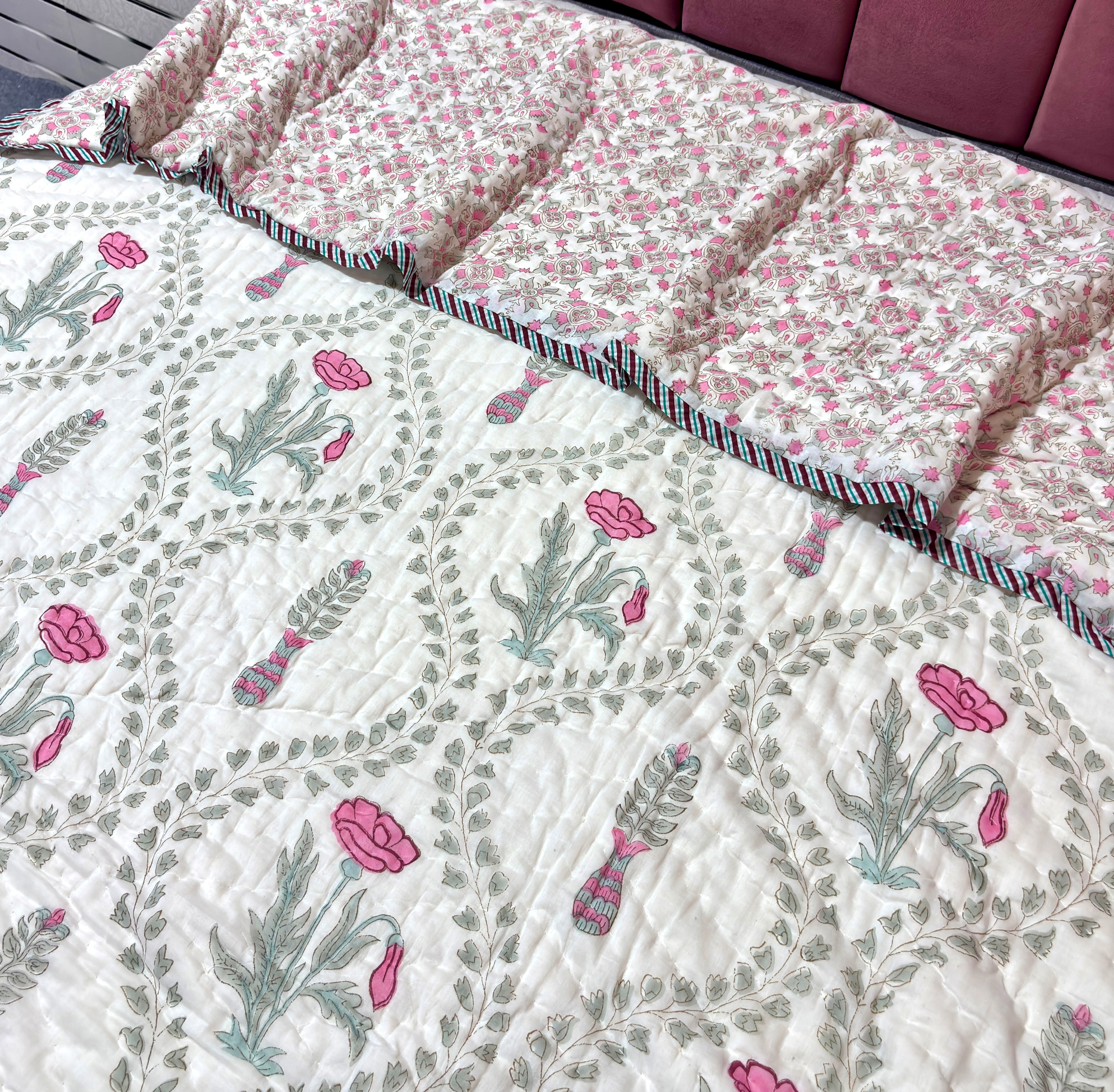 Pink Jal Floral Cotton Quilt | Quilted Bedspread | Hand Block Printed Handmade Quilt | Soft Lightweight Summer Bedding